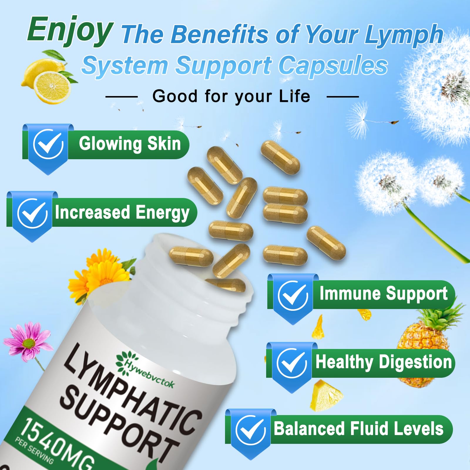 Hywebvctok Lymphatic Drainage Supplements 1540mg on a wooden table