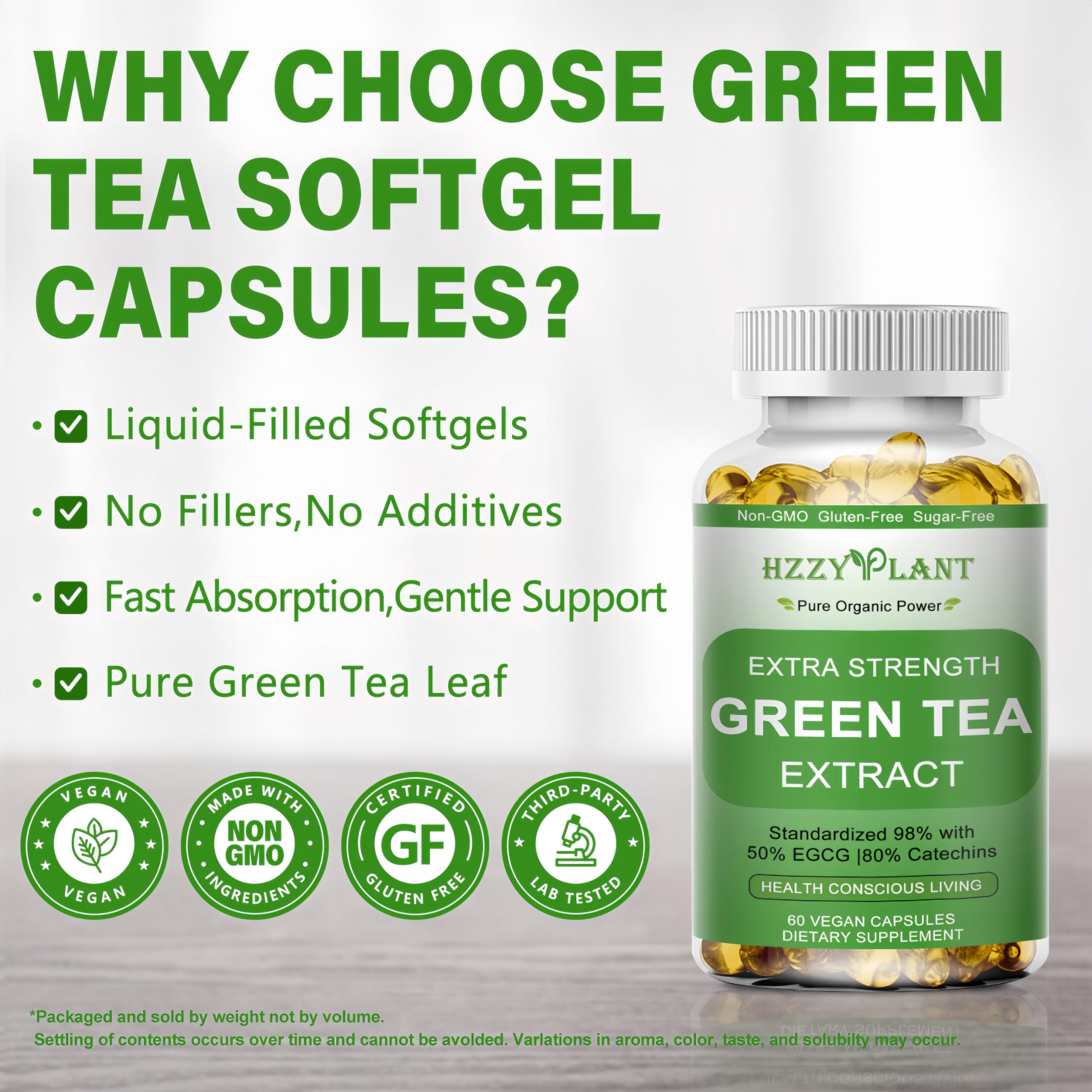 HZZYPLANT Green Tea Extract Softgels back view with ingredient list