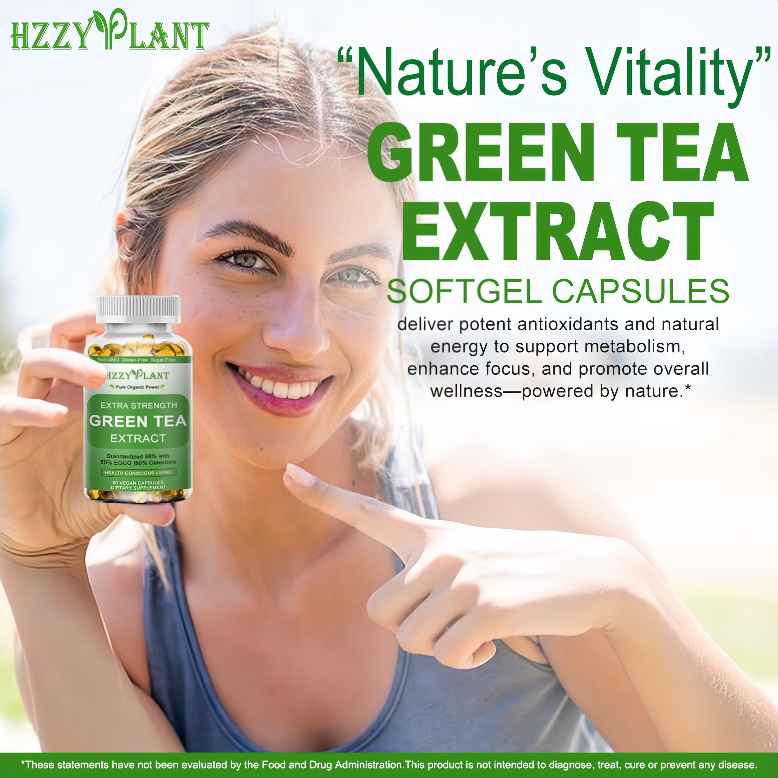 HZZYPLANT Green Tea Extract Softgels lifestyle scene with a glass of water