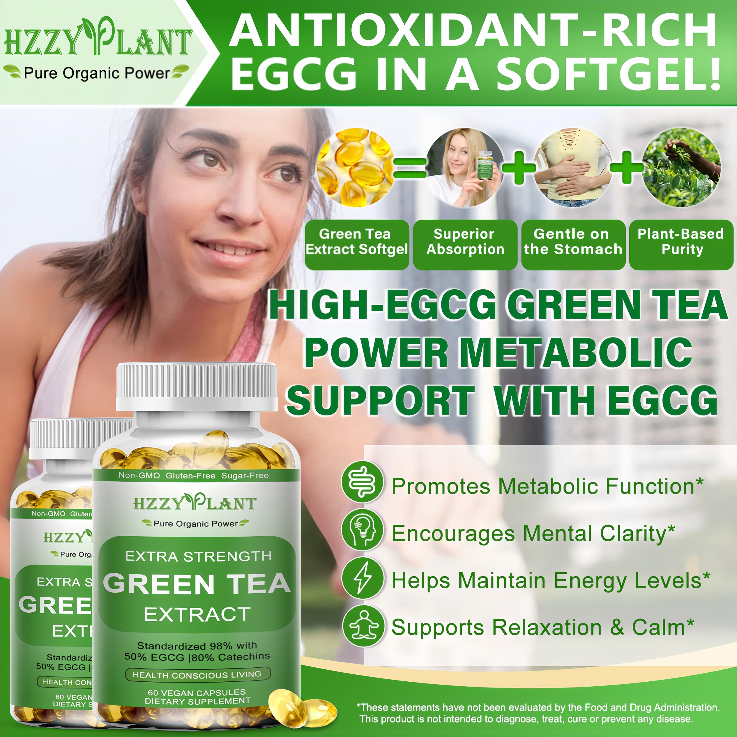 HZZYPLANT Green Tea Extract Softgels side view with dosage information