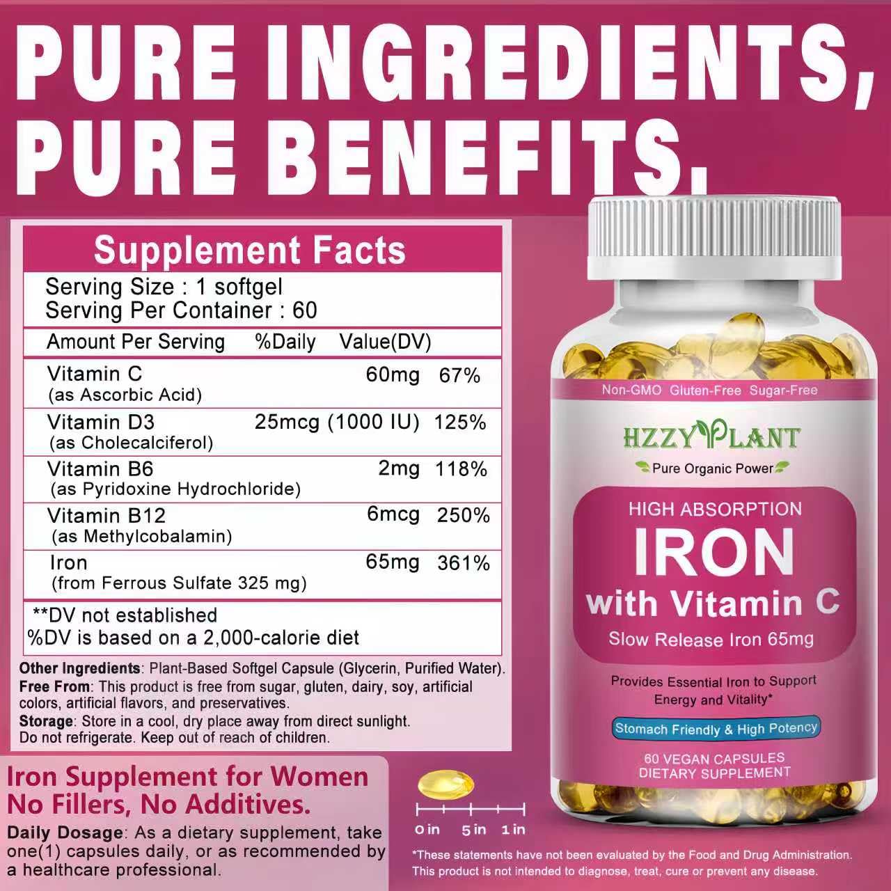 HZZYPLANT Iron Softgels 65mg opened bottle