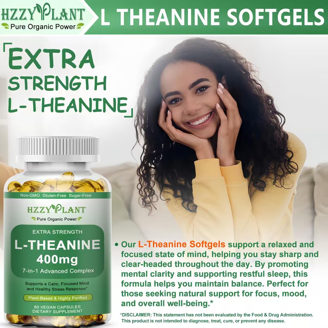 HZZYPLANT L-Theanine Softgels 400mg back view with ingredients