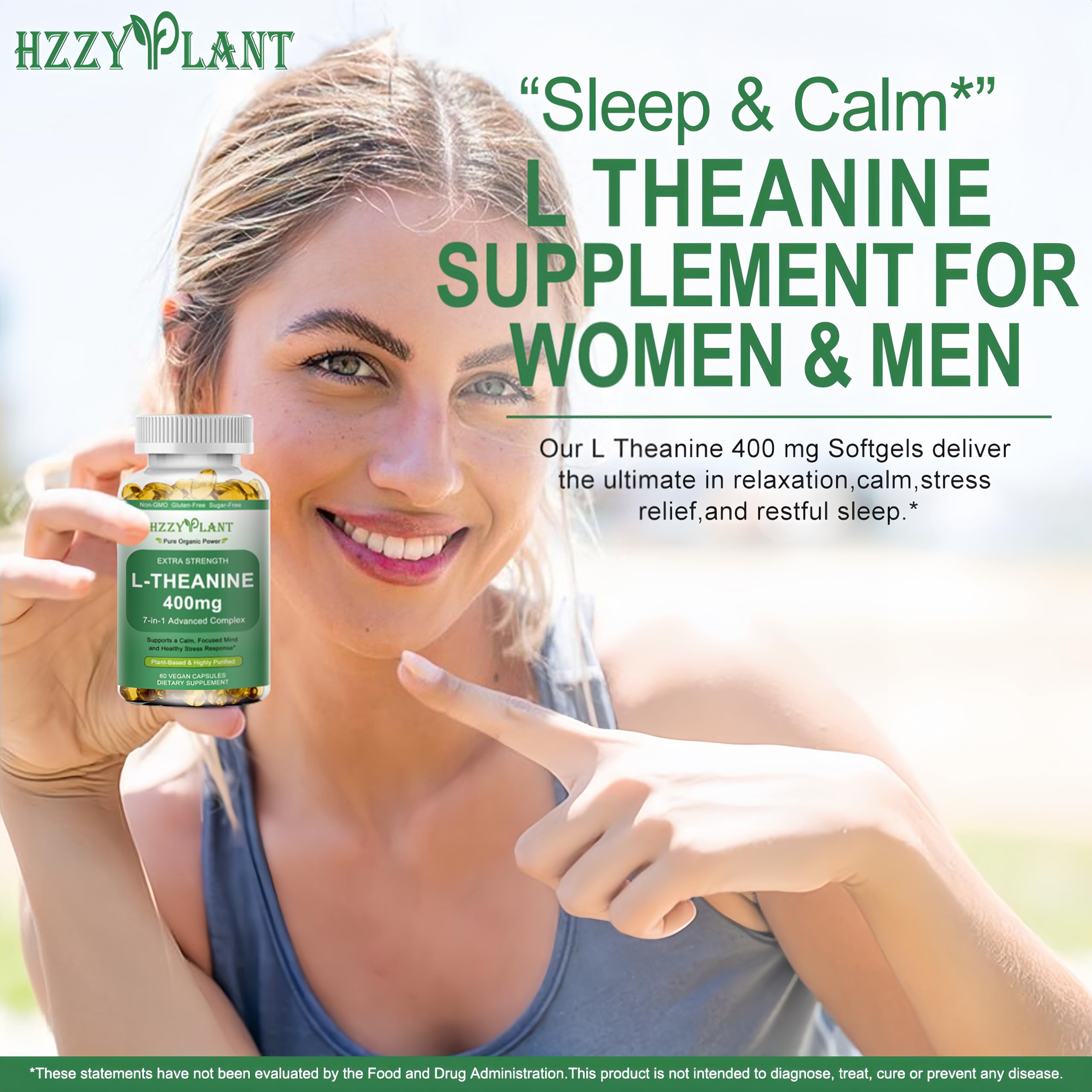HZZYPLANT L-Theanine Softgels 400mg bottle on a wooden table