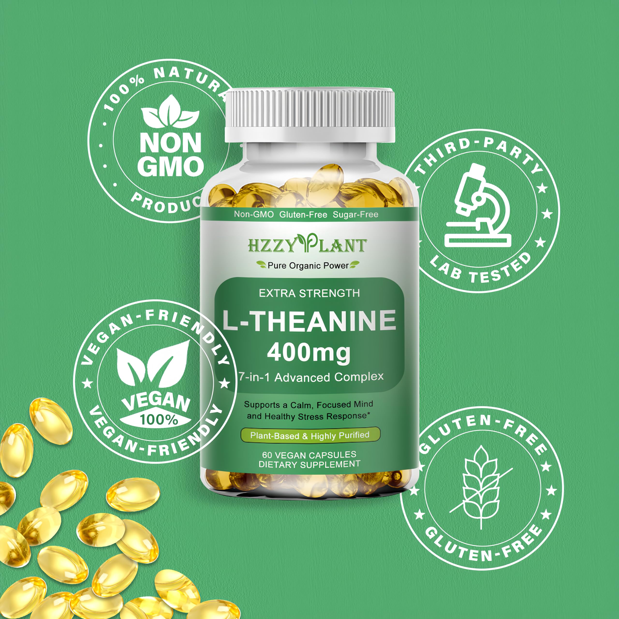 HZZYPLANT L-Theanine Softgels 400mg displayed with natural herbs