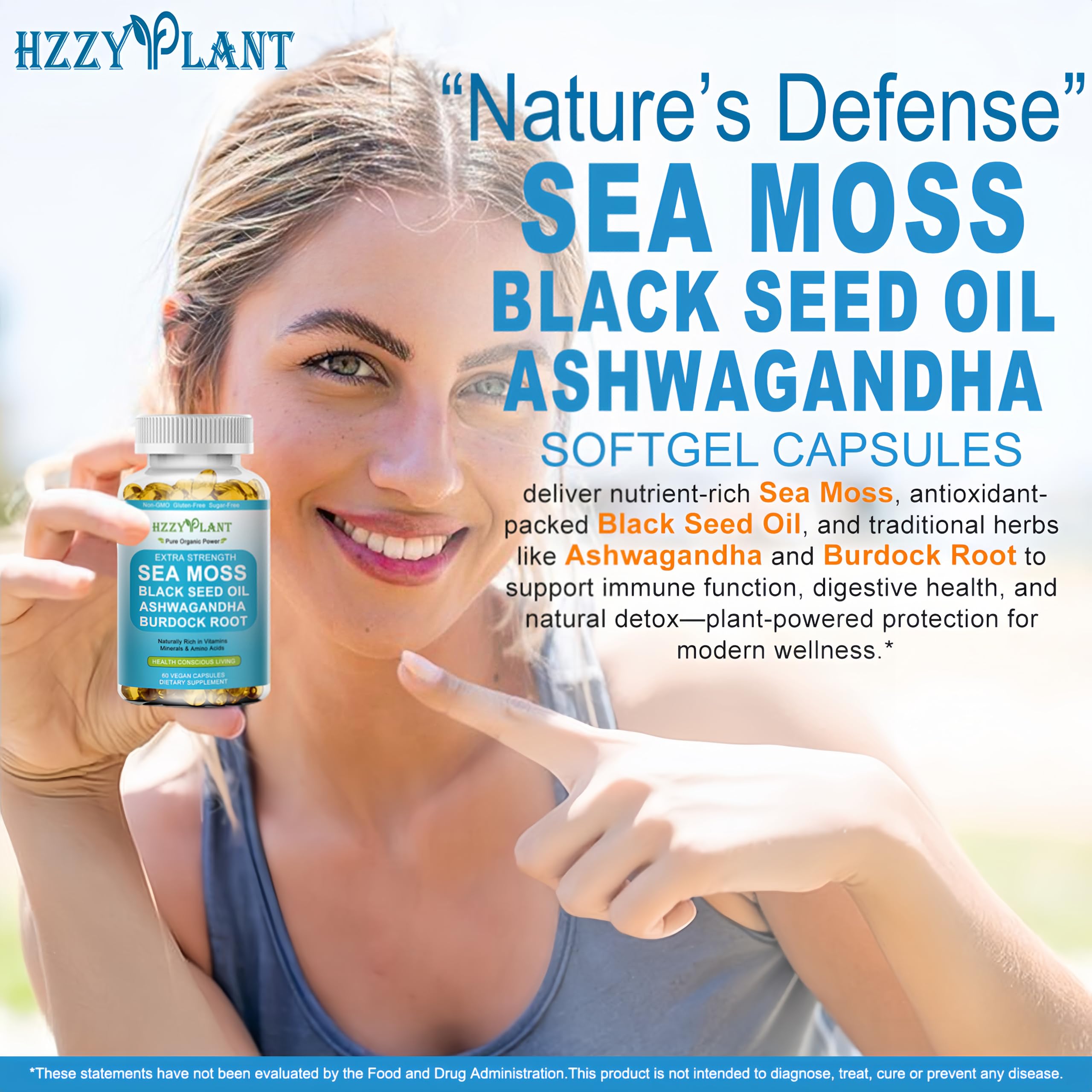 HZZYPLANT Sea Moss Softgels displayed on a wooden surface