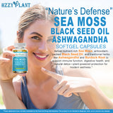 HZZYPLANT Sea Moss Softgels displayed on a wooden surface
