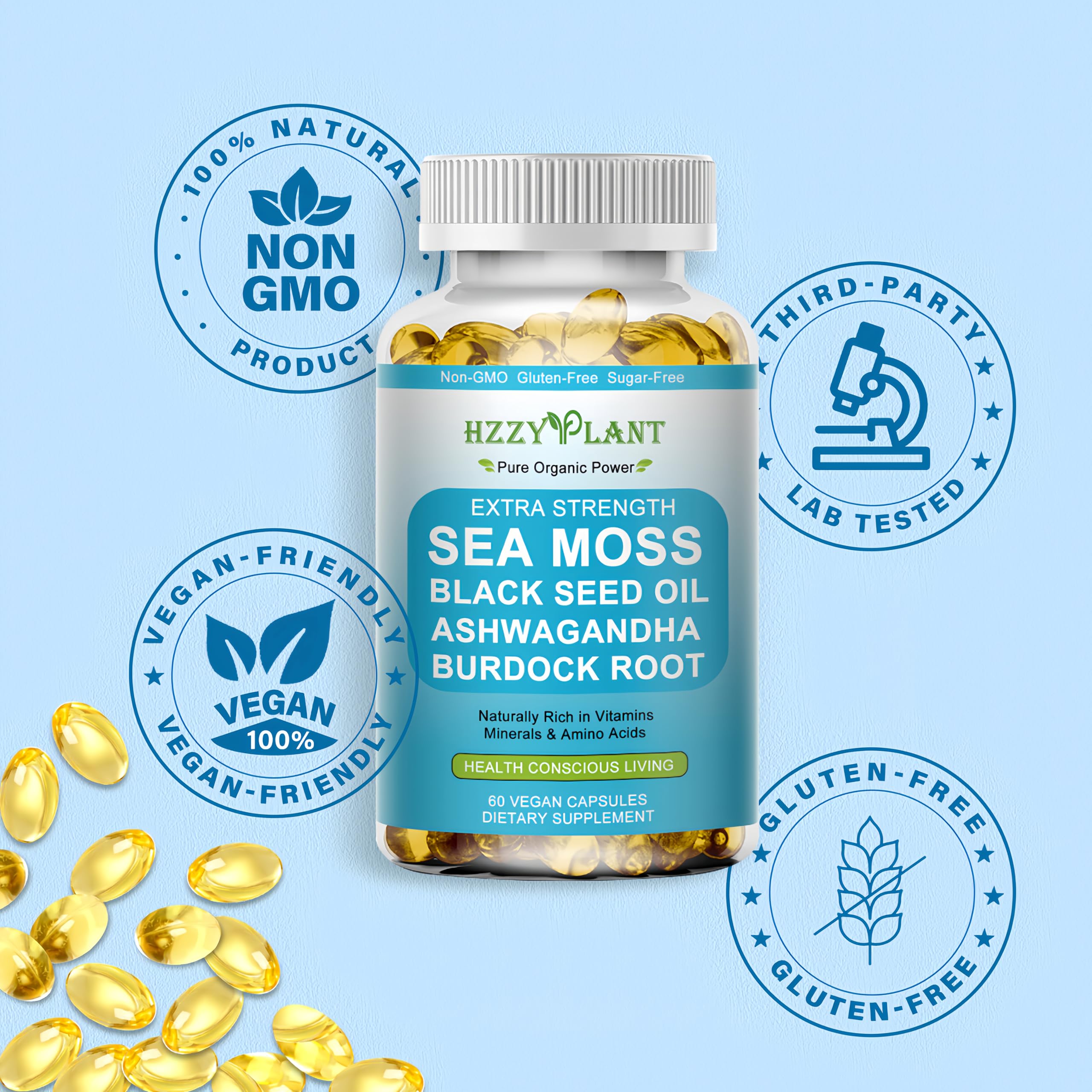 HZZYPLANT Sea Moss Softgels in a lifestyle setting