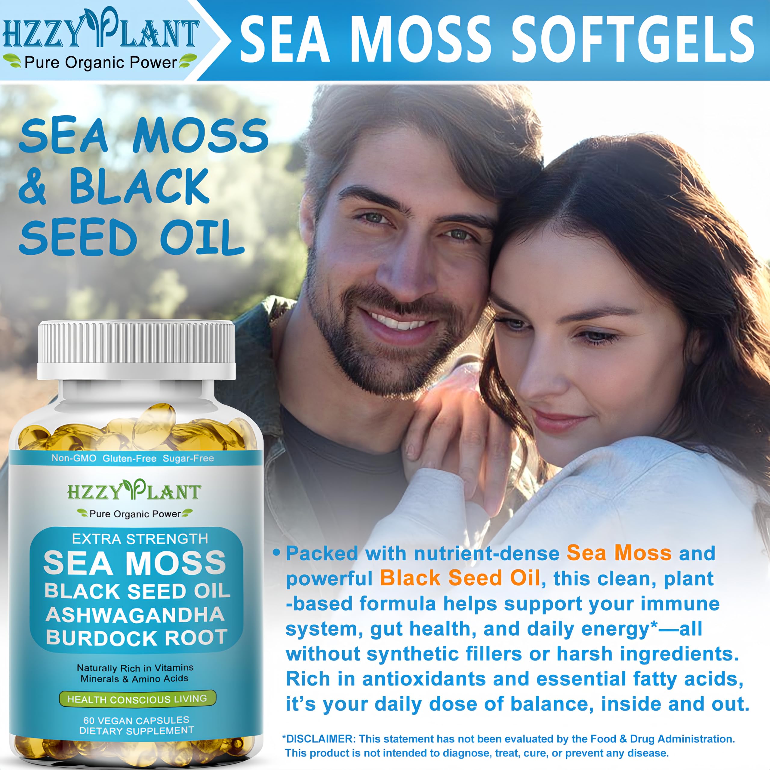 HZZYPLANT Sea Moss Softgels showing liquid-filled capsule