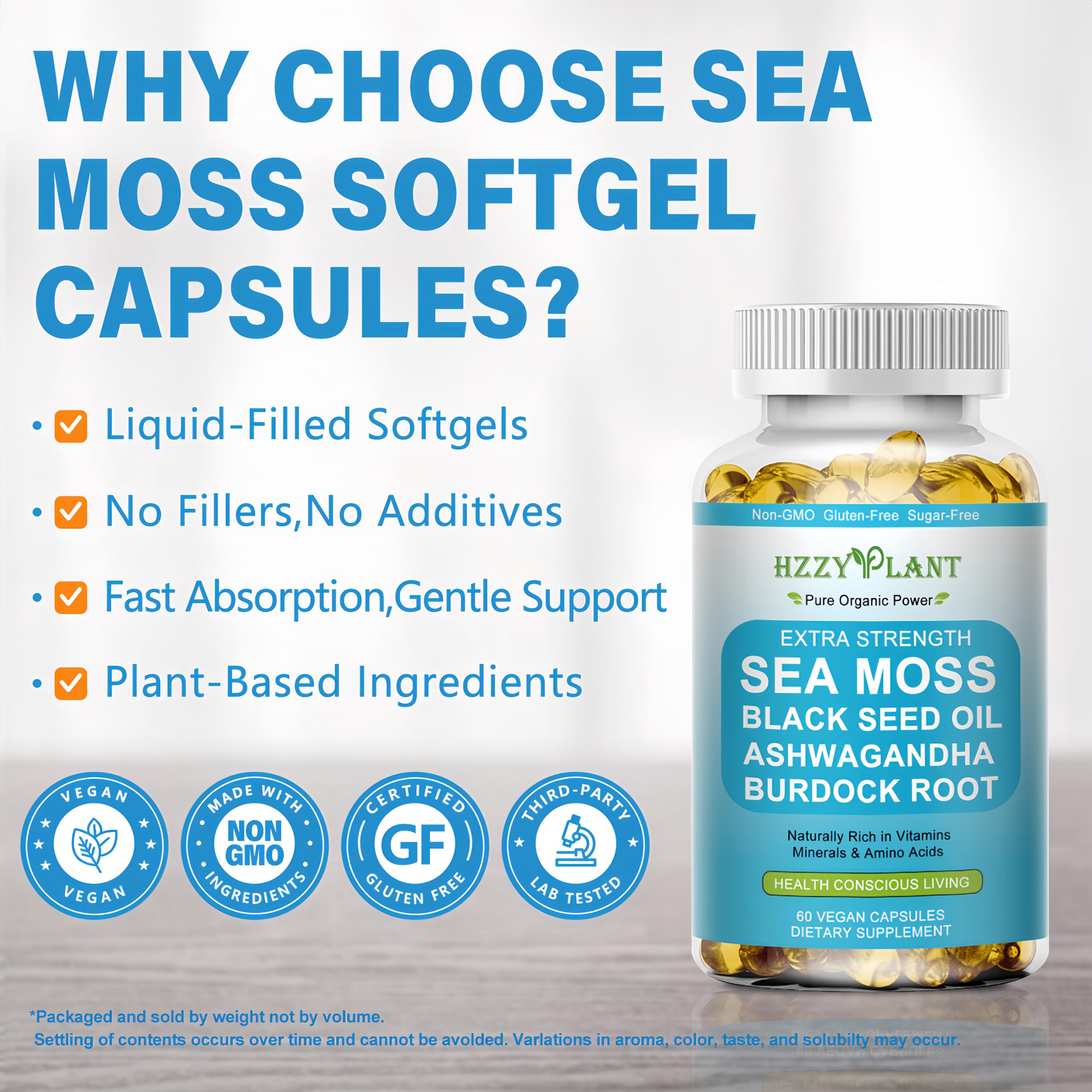 HZZYPLANT Sea Moss Softgels side view with dosage information