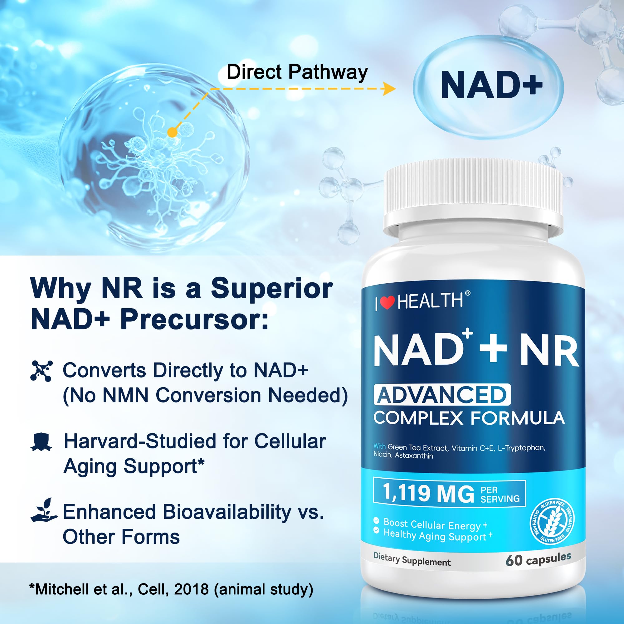 I LOVE HEALTH NAD+ Supplement bottle on a wooden surface