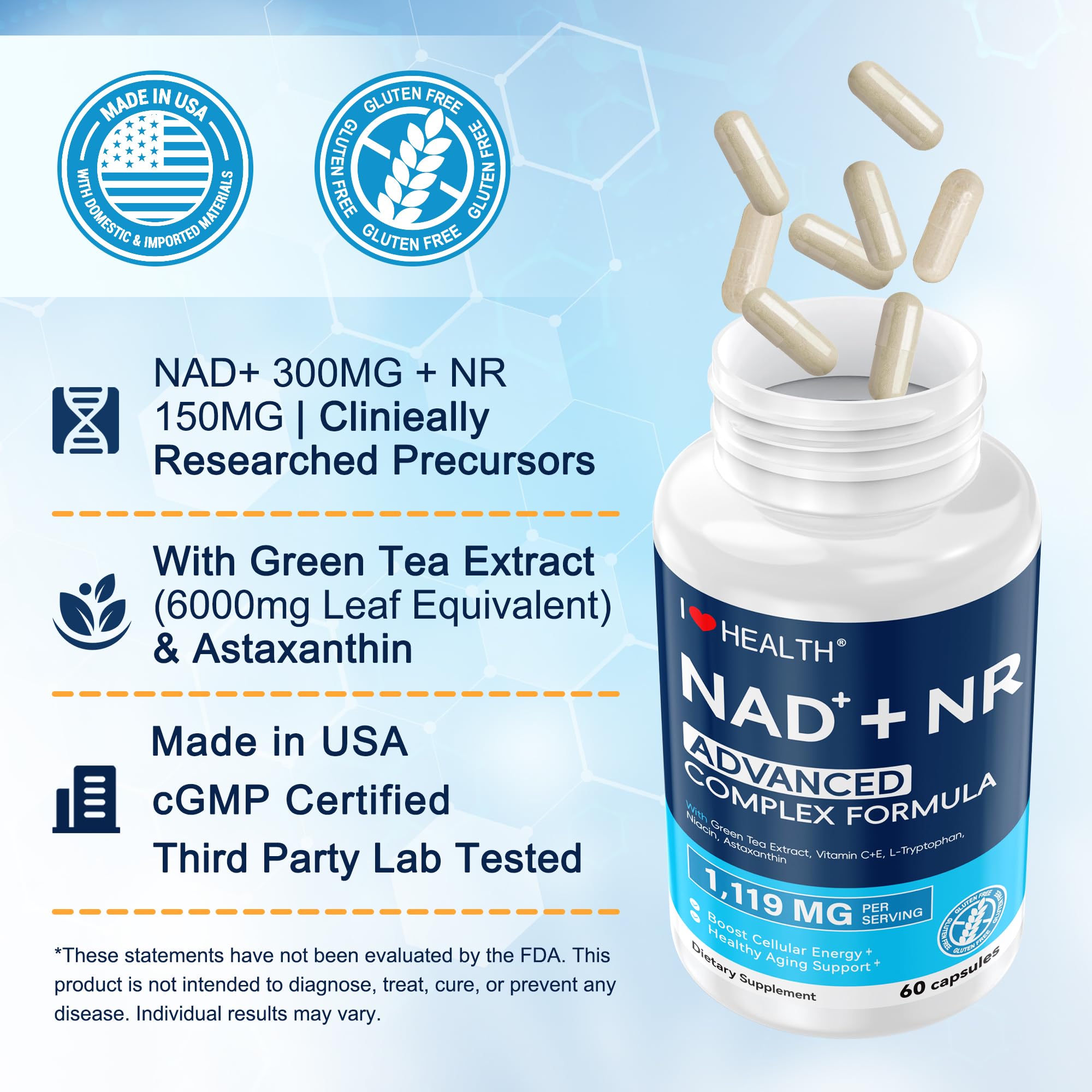 I LOVE HEALTH NAD+ Supplement with green tea leaves background