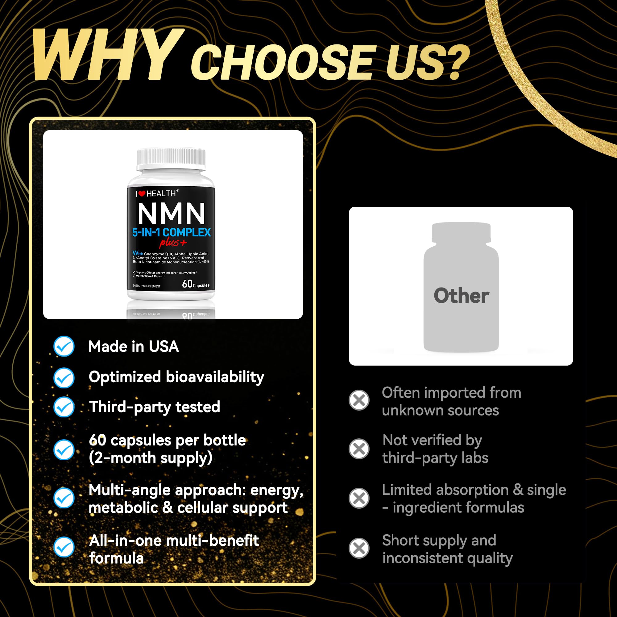 I LOVE HEALTH NMN Supplement side view showing ingredients