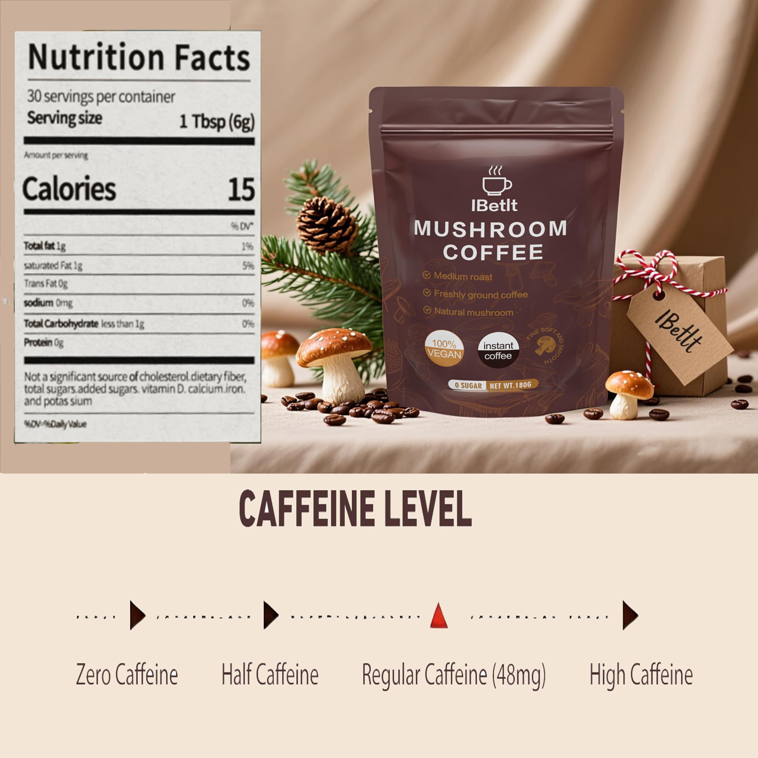 IBetIt Mushroom Coffee powder in a spoon next to a cup