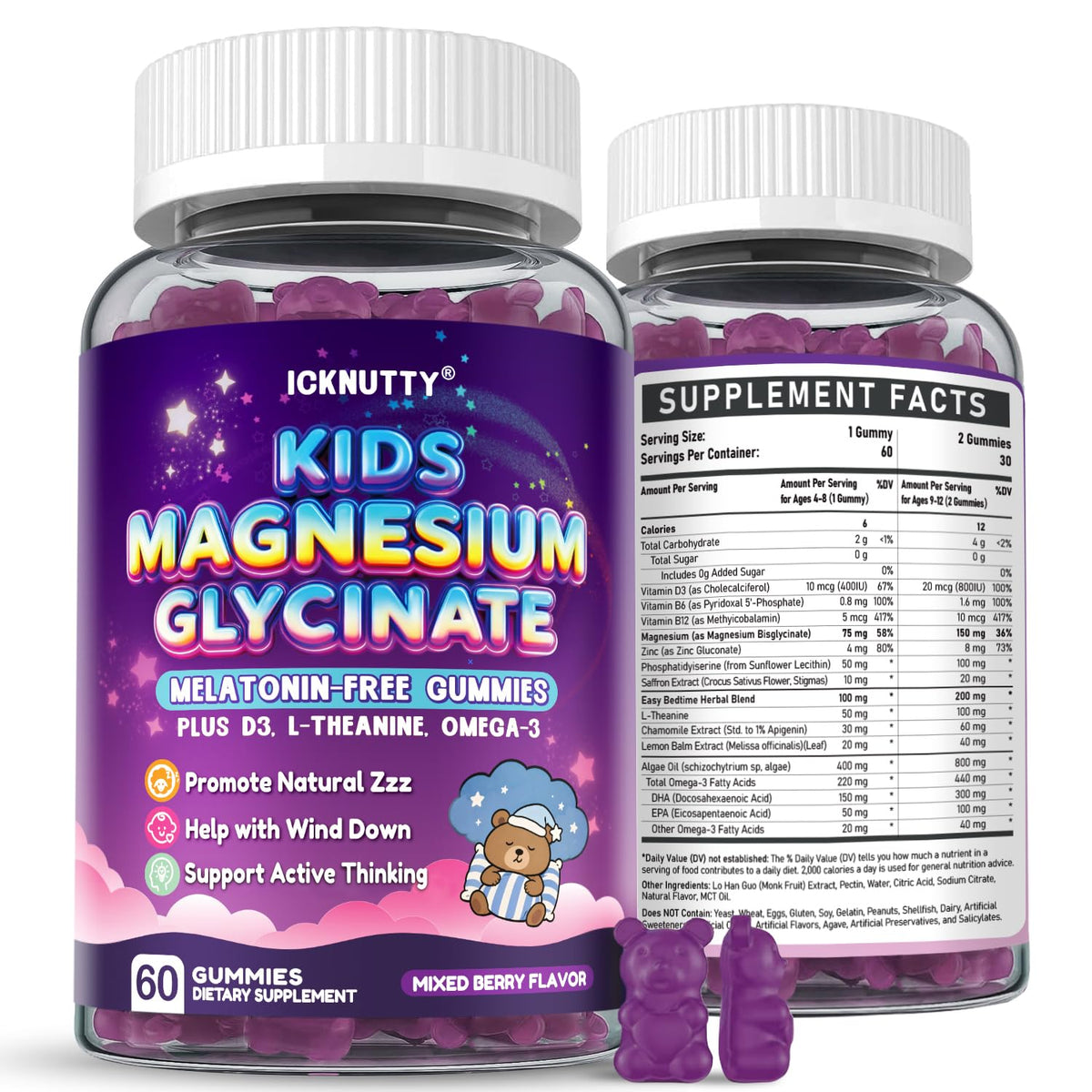 ICKNUTTY Kids Magnesium Gummies front view with packaging