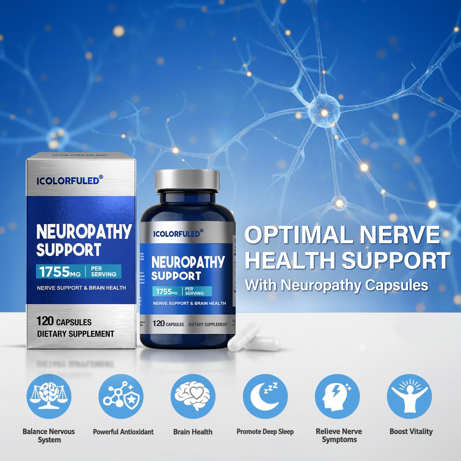 icolorfuled Neuropathy Relief bottle with measuring spoon
