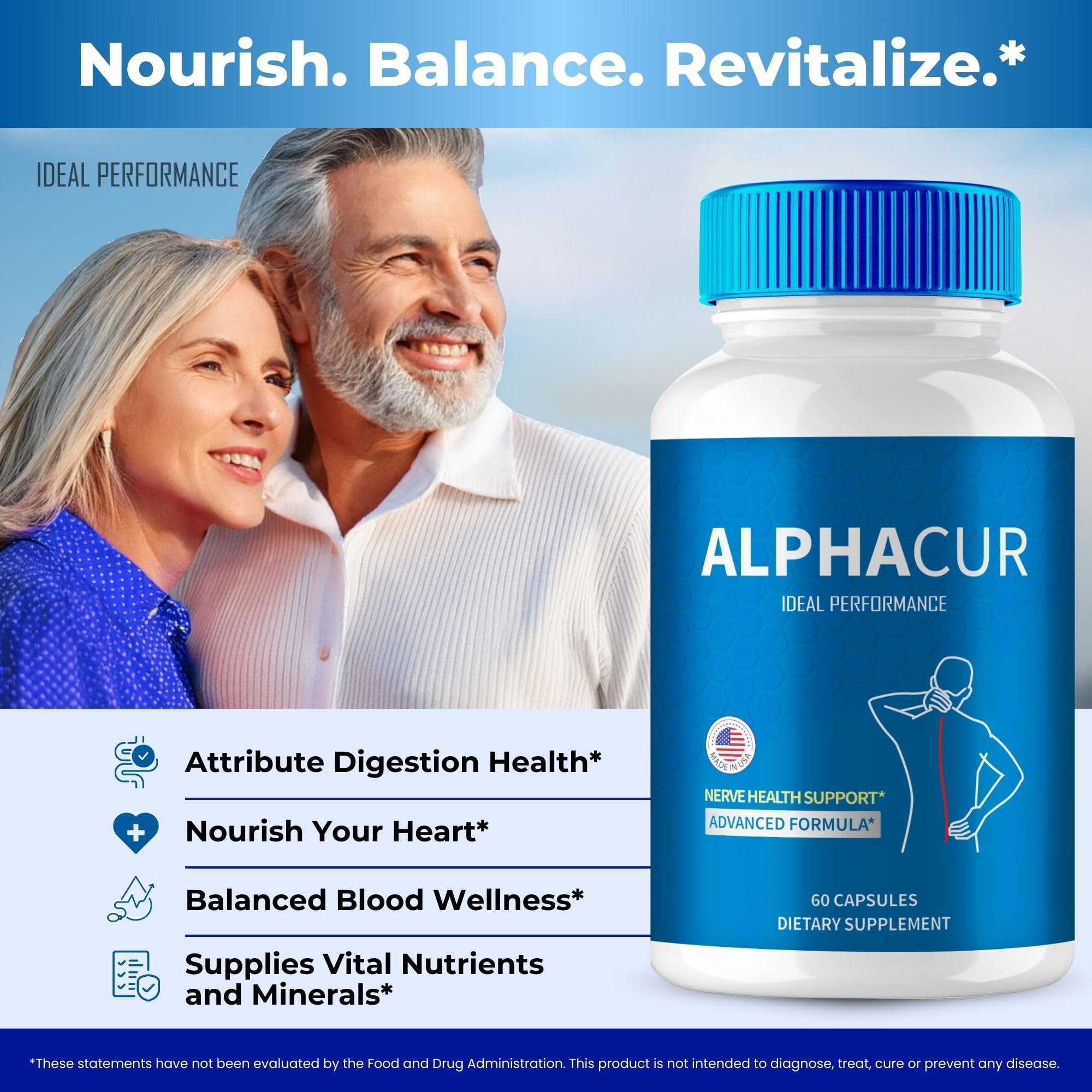 IDEAL PERFORMANCE Alpha Cur Advanced Blood Formula capsules on a table