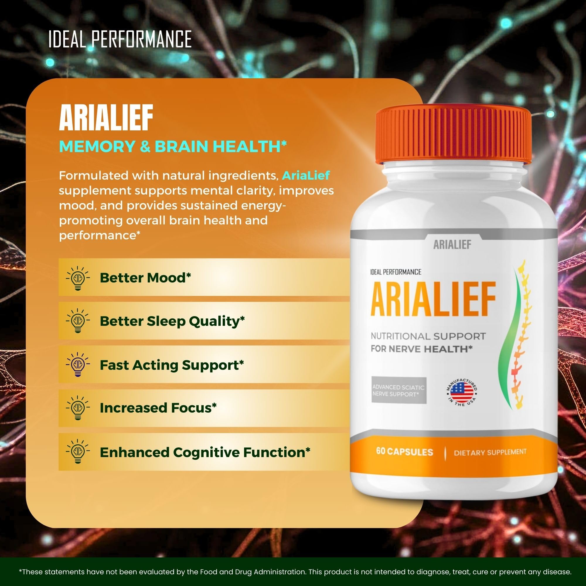 IDEAL PERFORMANCE Arialief Brain Supplements capsules on a wooden table