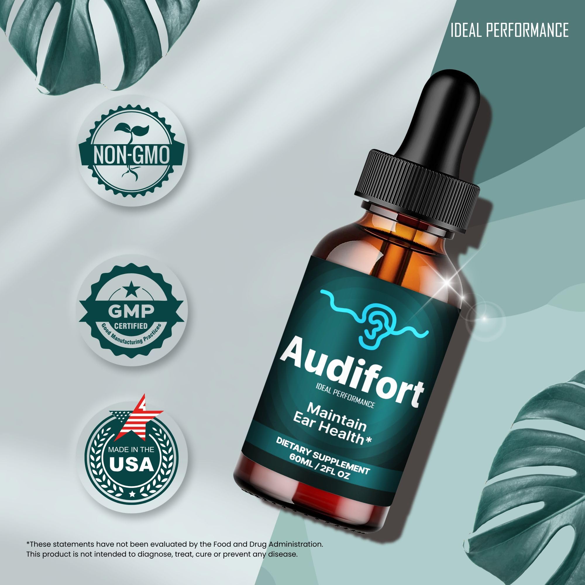 IDEAL PERFORMANCE Audifort Tinnitus Drops 113g bottle side view