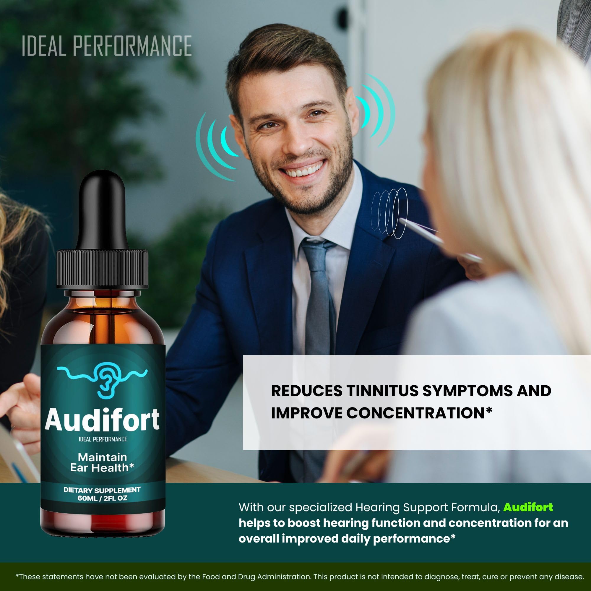 IDEAL PERFORMANCE Audifort Tinnitus Drops in lifestyle setting