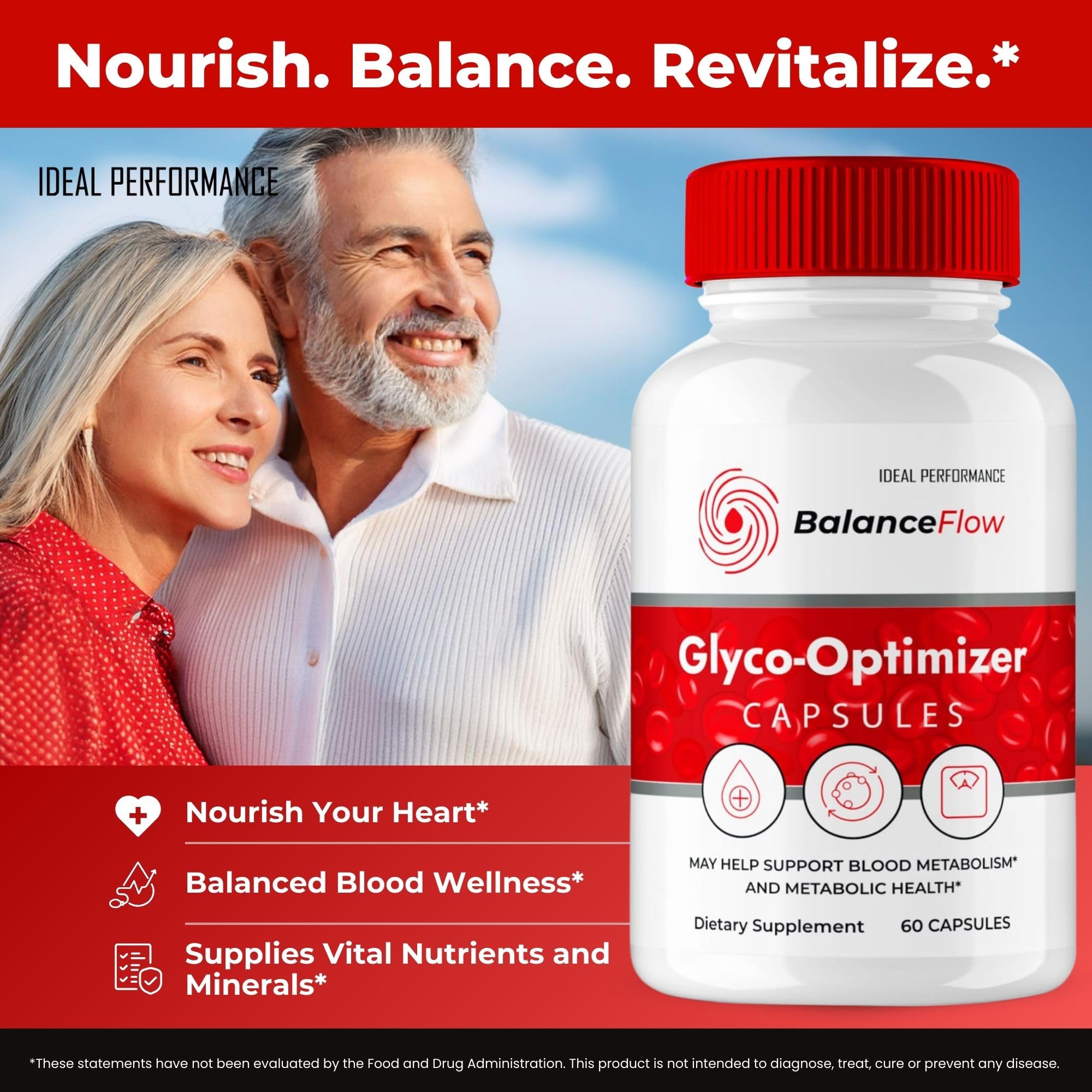 IDEAL PERFORMANCE Balance Flow Supplement Capsules on a wooden table