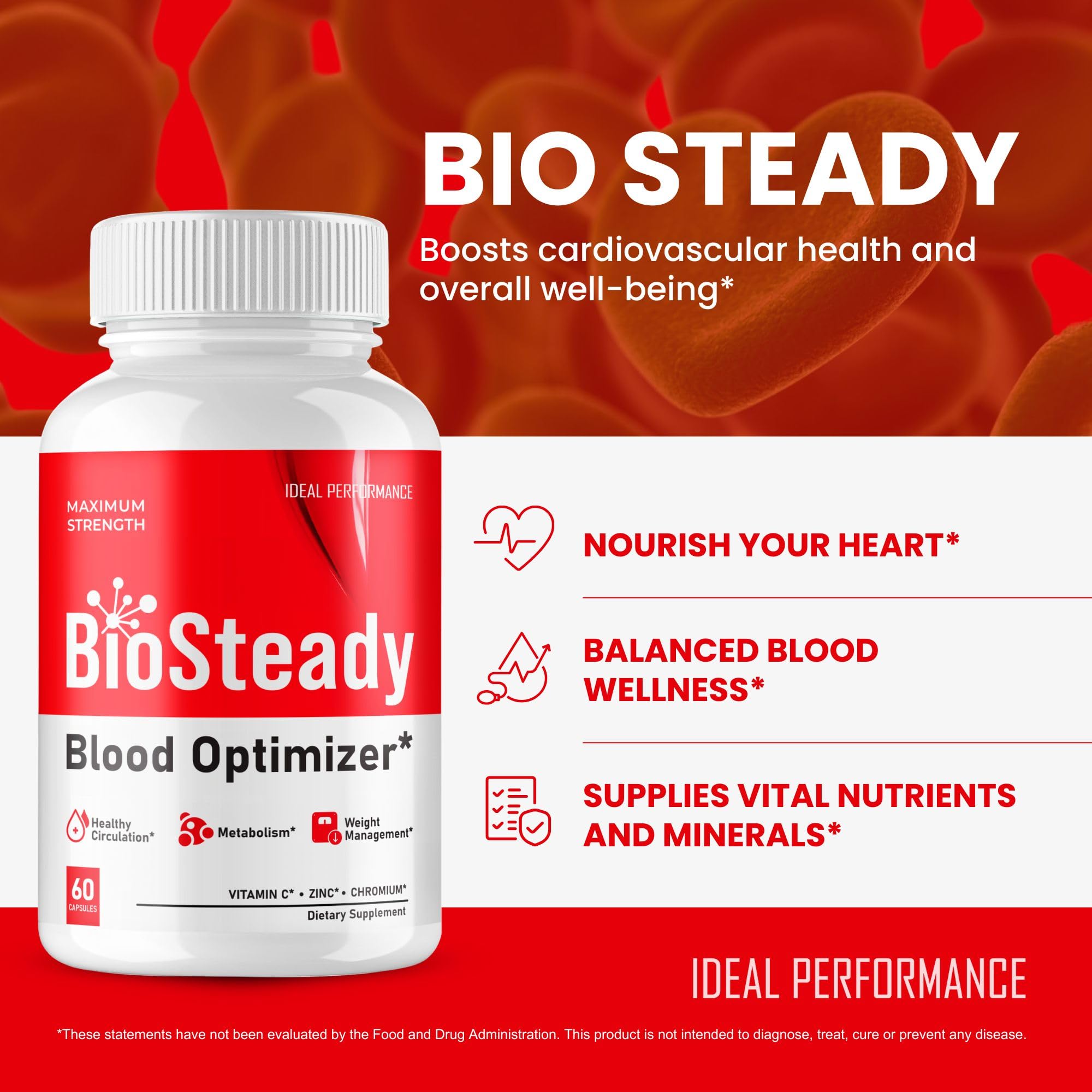 IDEAL PERFORMANCE Biosteady Blood Optimizer Capsules with ingredients list