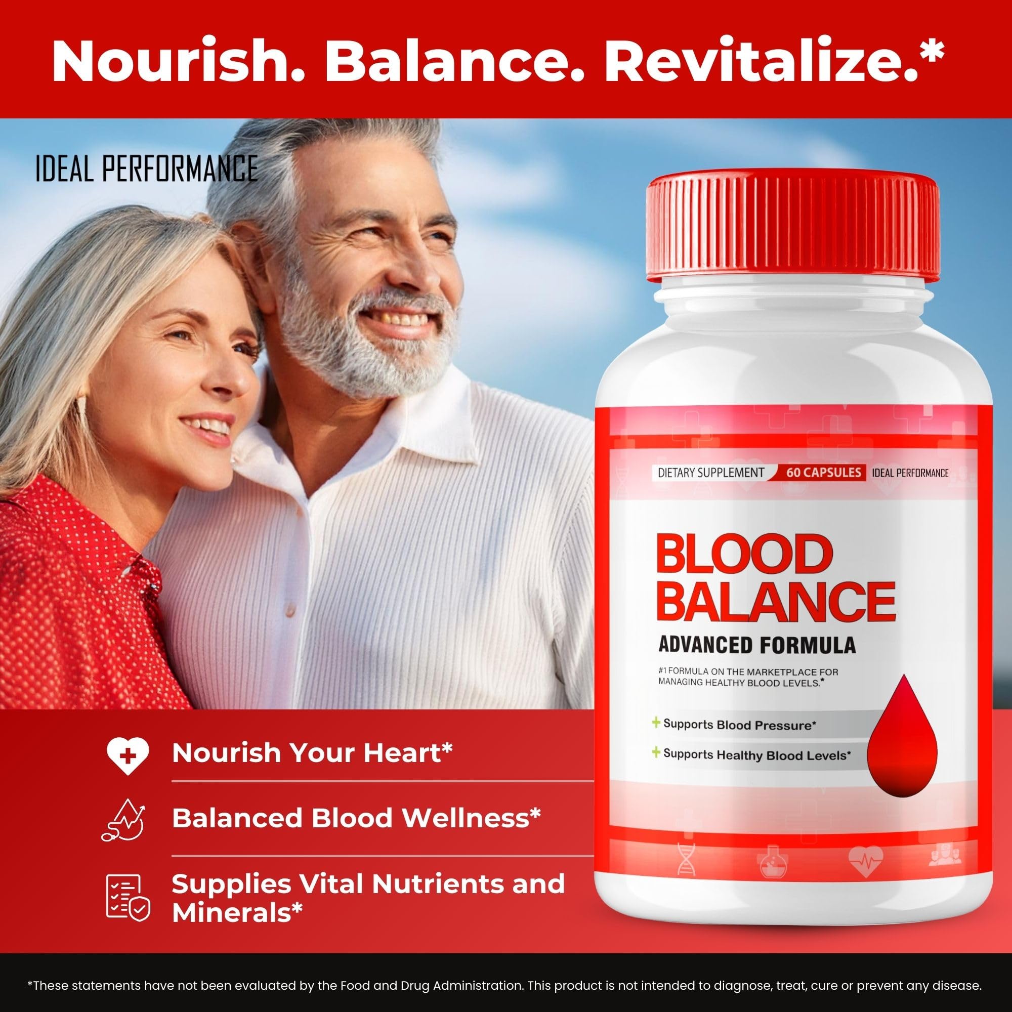 IDEAL PERFORMANCE Blood Balance Supplement Capsules on a wooden table