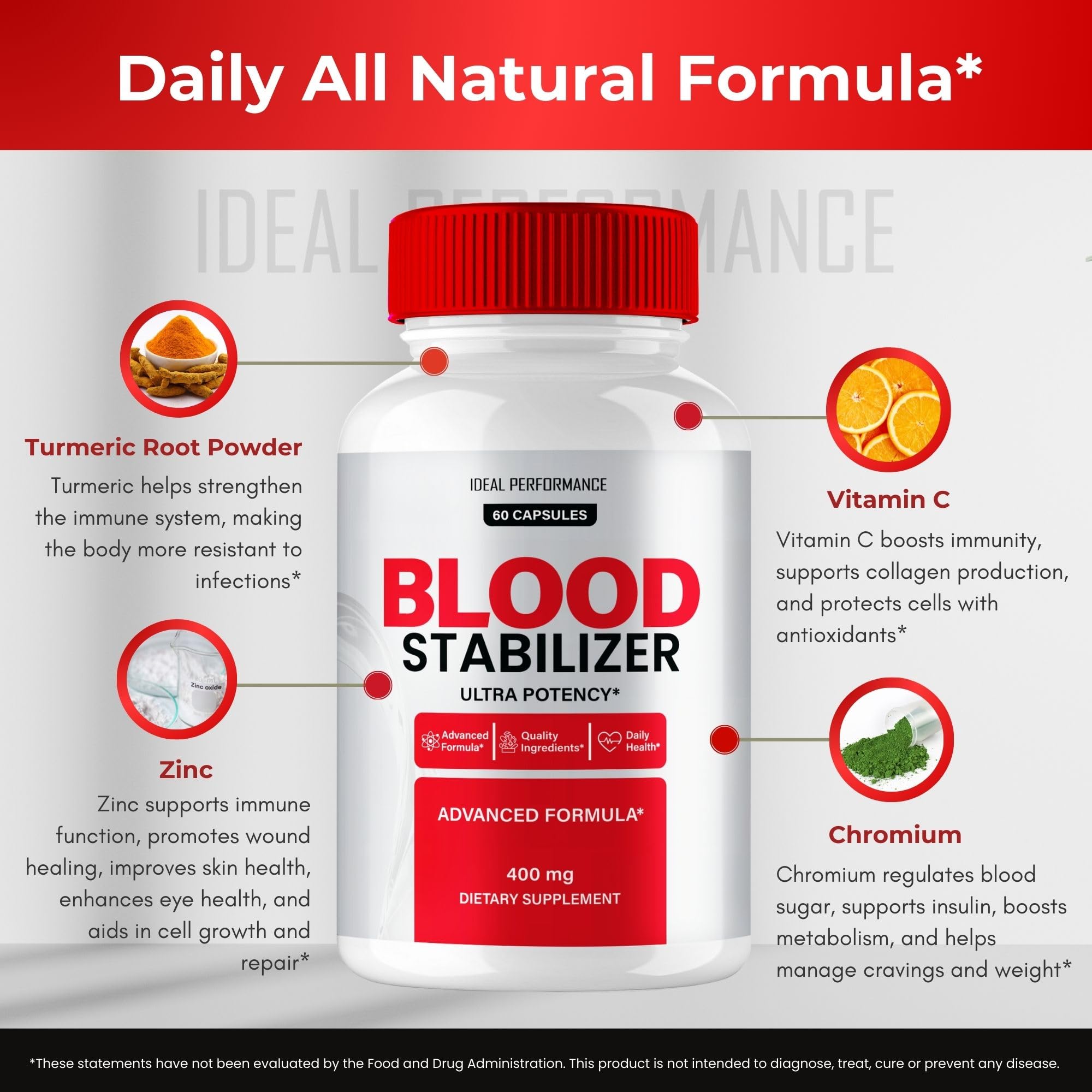 IDEAL PERFORMANCE Blood Stabilizer Capsules displayed with other supplements