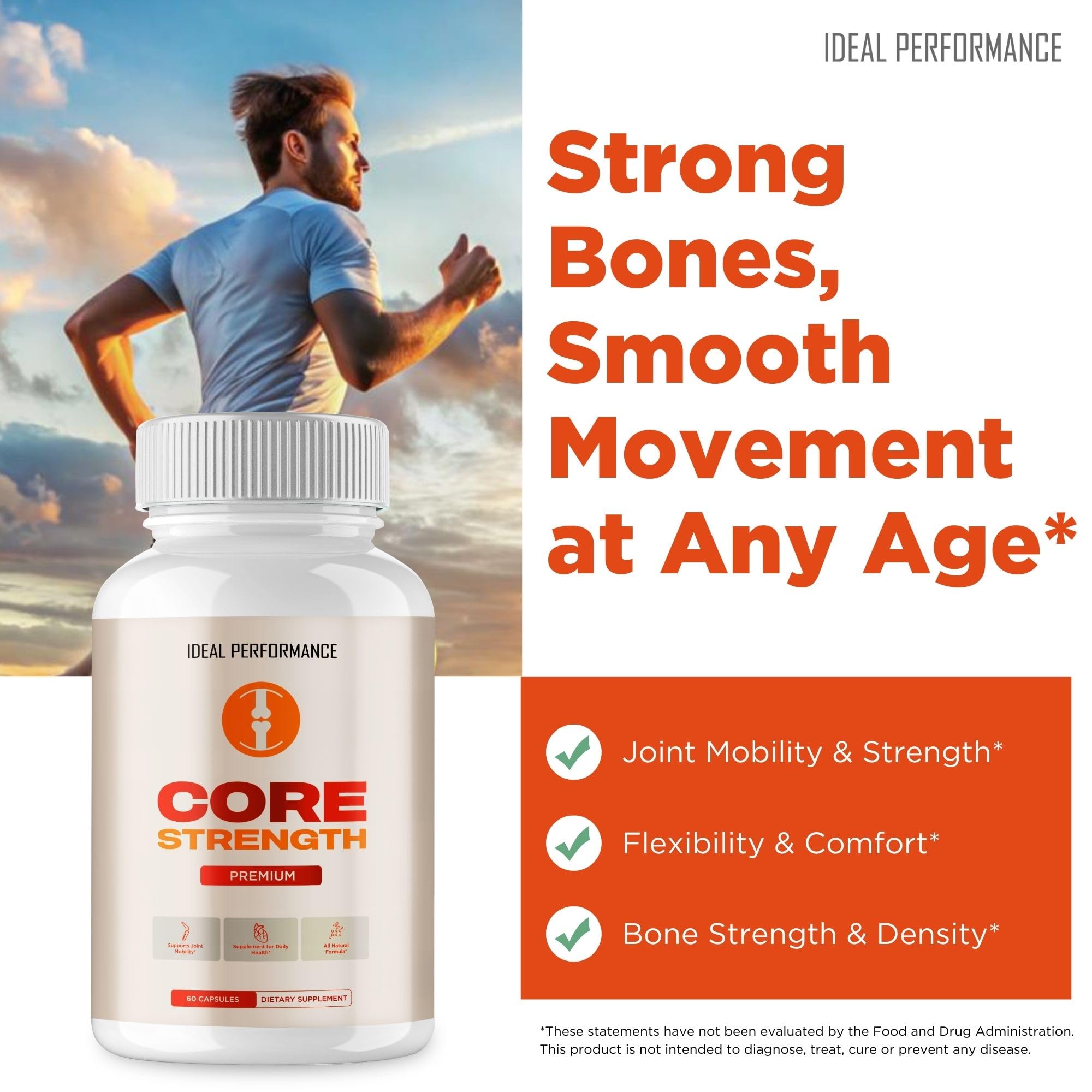 IDEAL PERFORMANCE Core Strength Supplement Capsules on a wooden table
