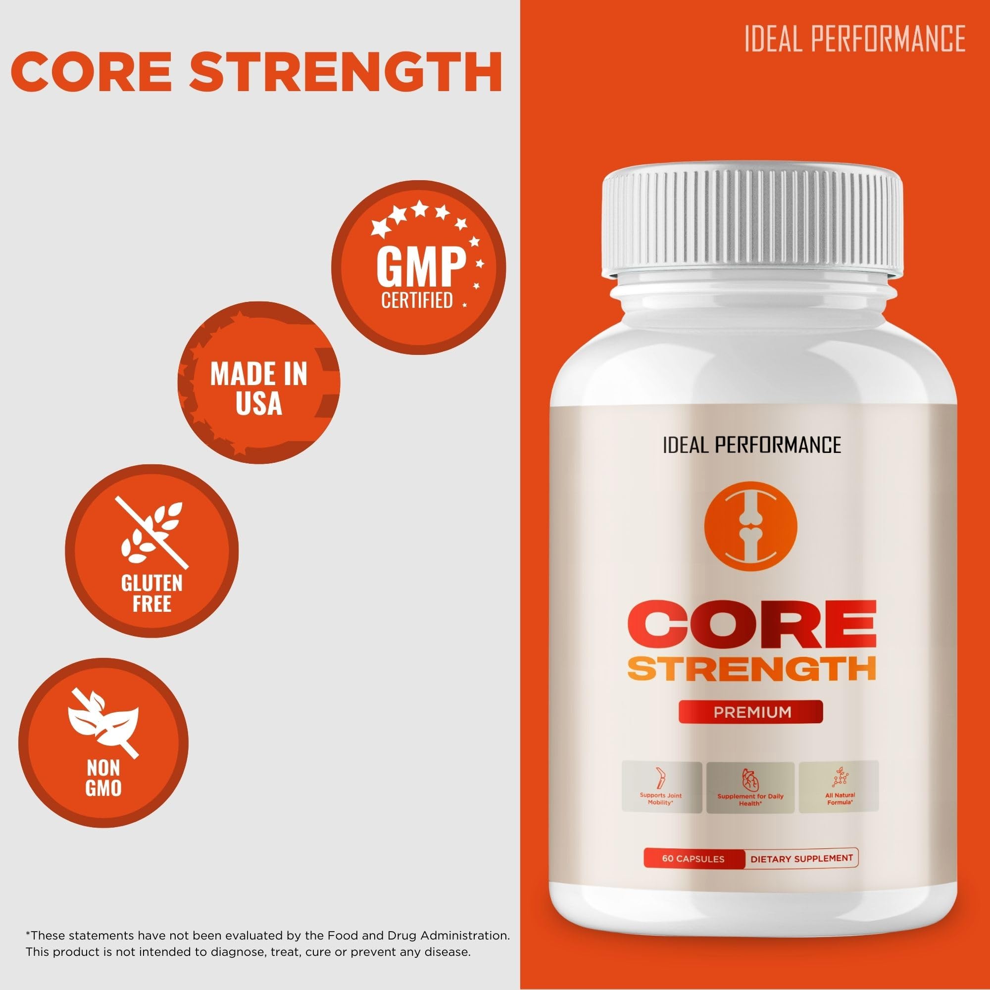 IDEAL PERFORMANCE Core Strength Supplement Capsules open bottle