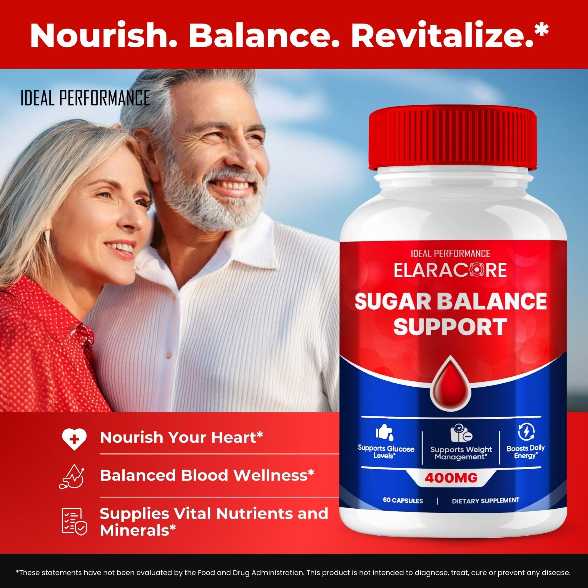 IDEAL PERFORMANCE Elaracore Blood Balance Support Capsules on a wooden table