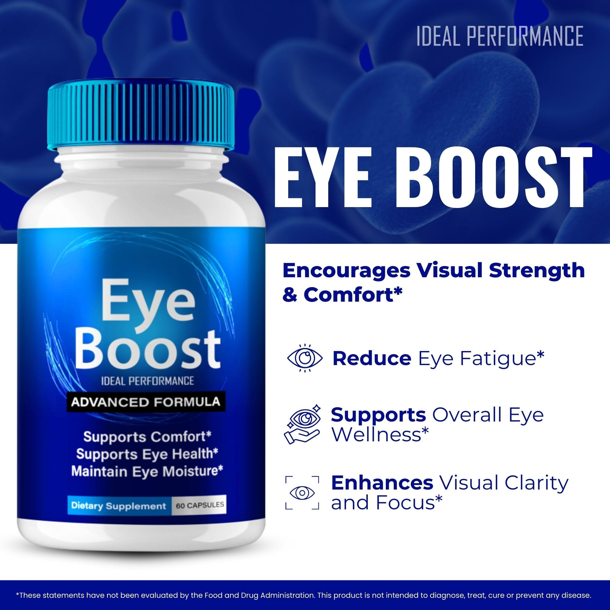 IDEAL PERFORMANCE Eye support Capsules opened bottle with capsules visible