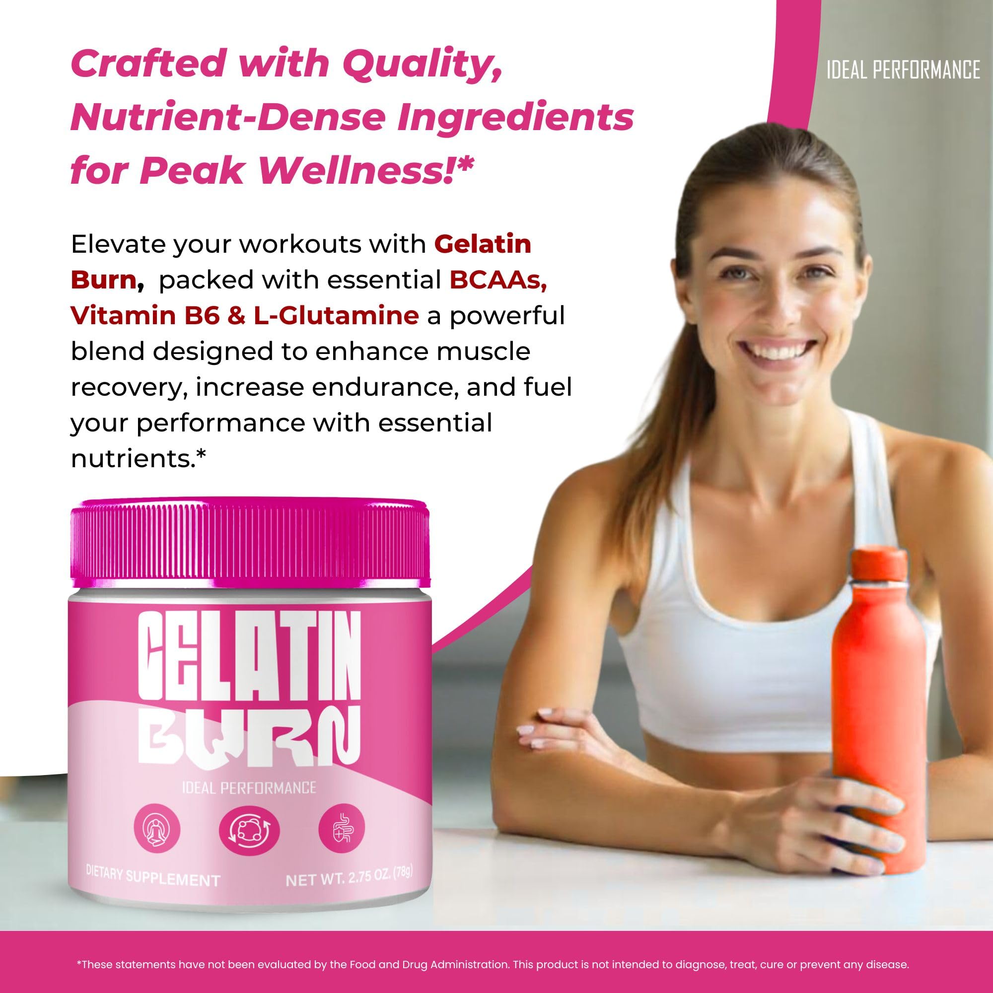 IDEAL PERFORMANCE Gelatin Burn Powder displayed with gym equipment
