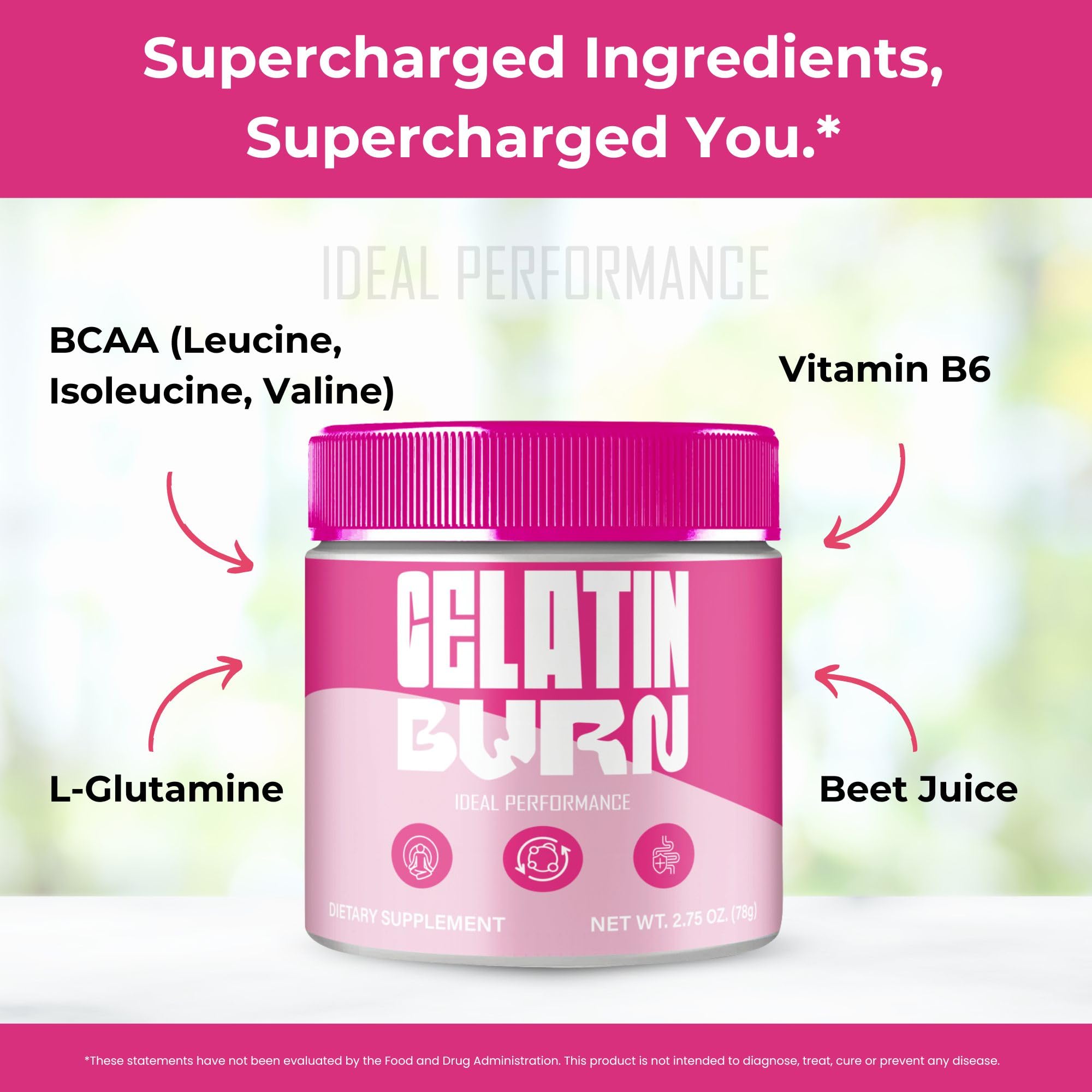 IDEAL PERFORMANCE Gelatin Burn Powder side view packaging