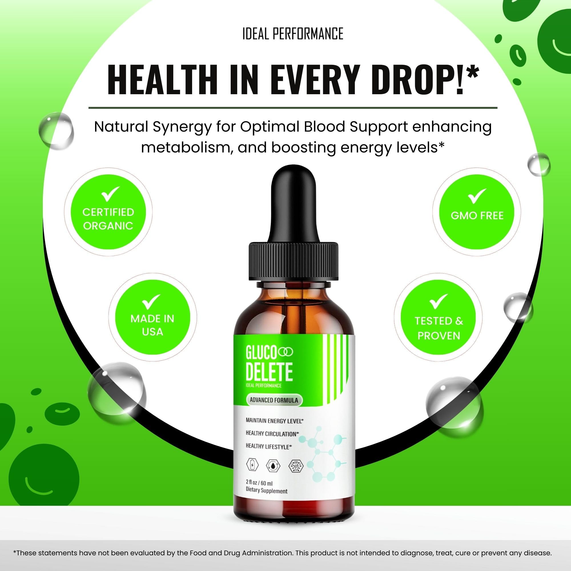 IDEAL PERFORMANCE Gluco Delete Drops packaging on a table