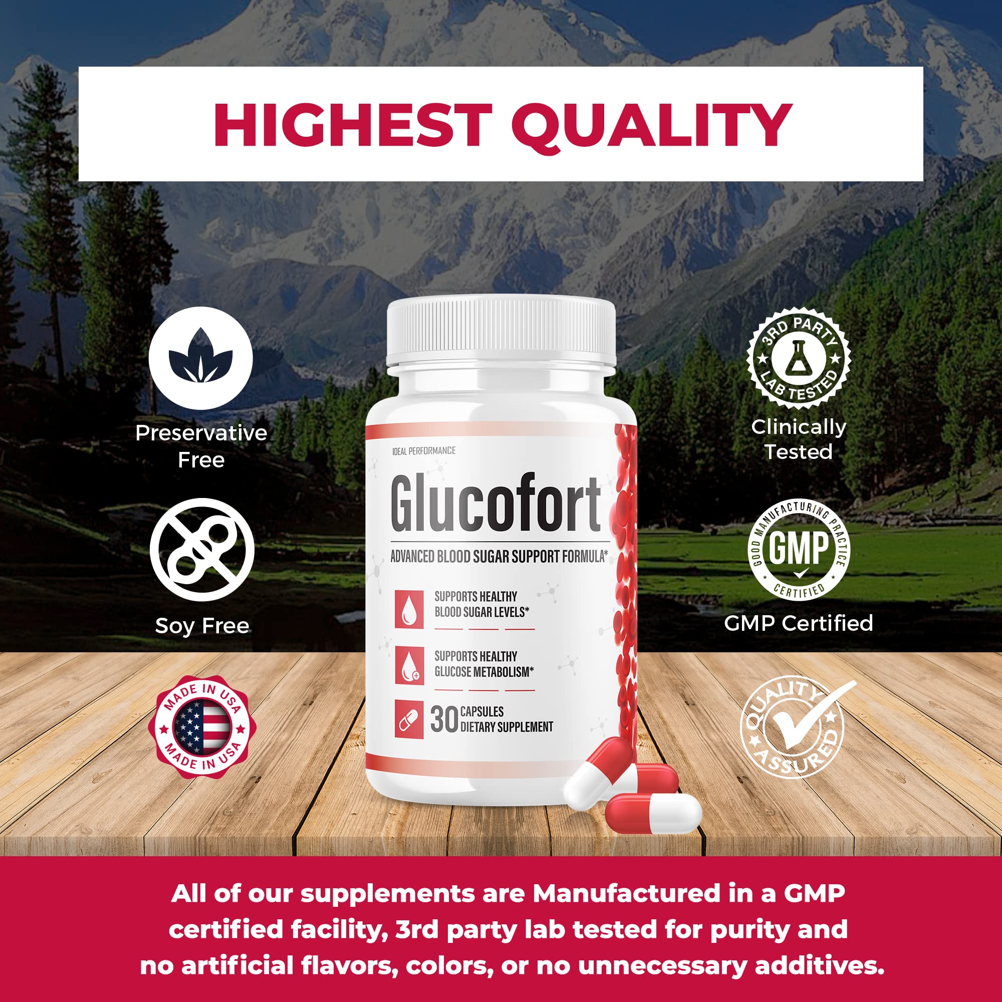 IDEAL PERFORMANCE Glucofort Supplement Capsules on a wooden table