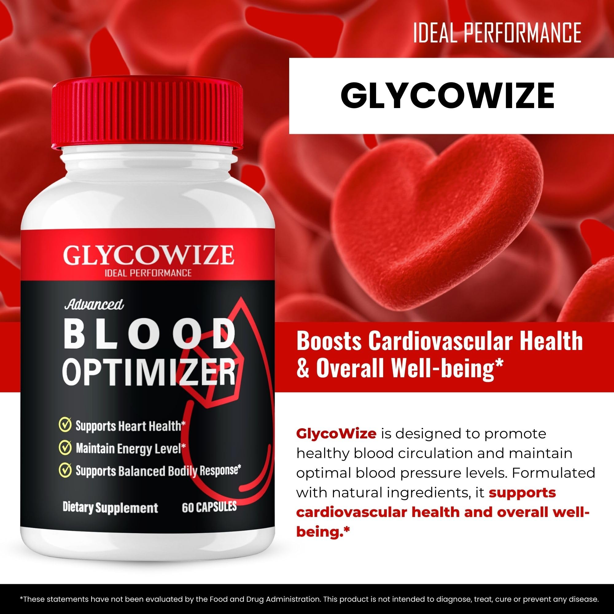 IDEAL PERFORMANCE Glycowize Blood Optimizer Capsules on a wooden surface