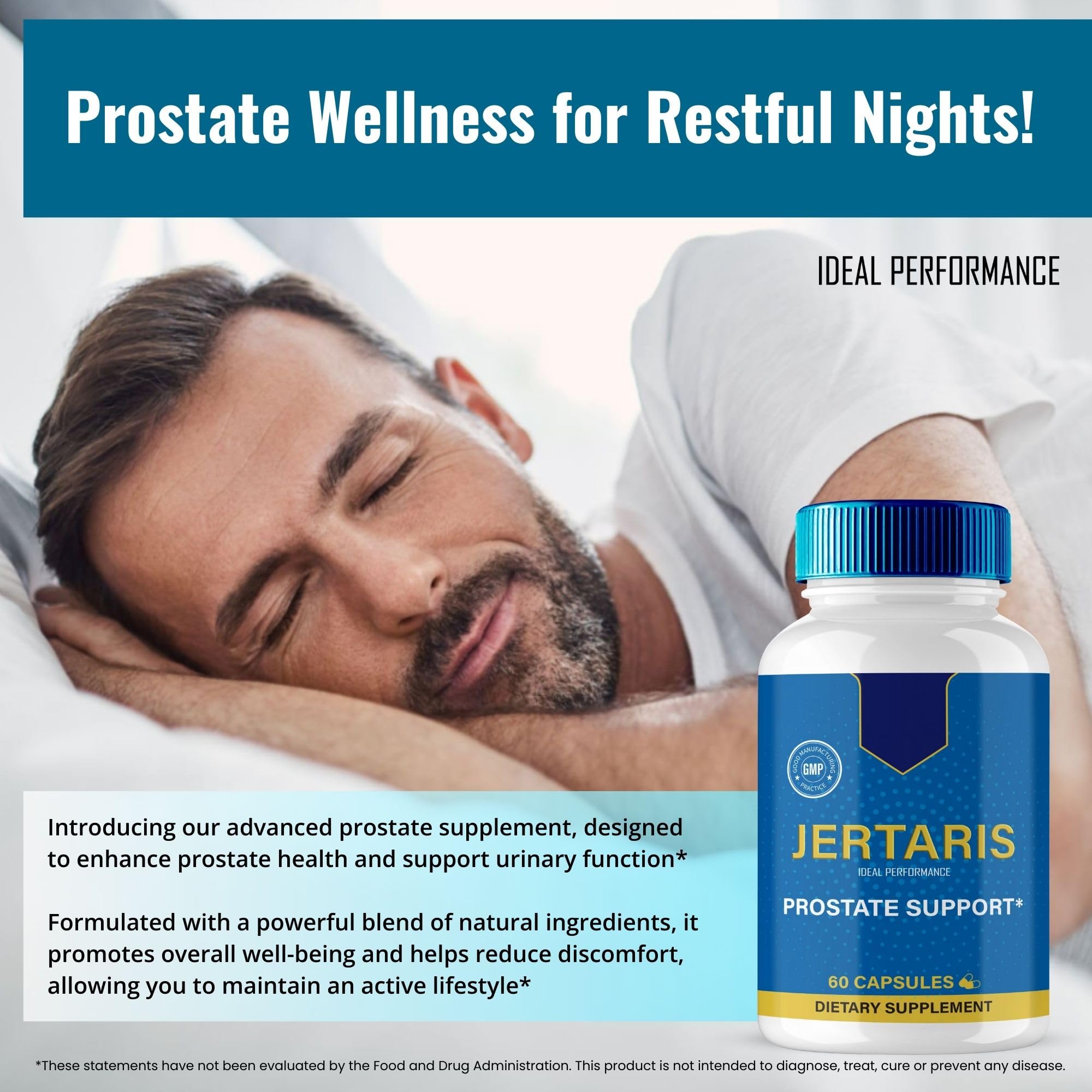 IDEAL PERFORMANCE Jertaris Prostate Health Supplement capsules in hand