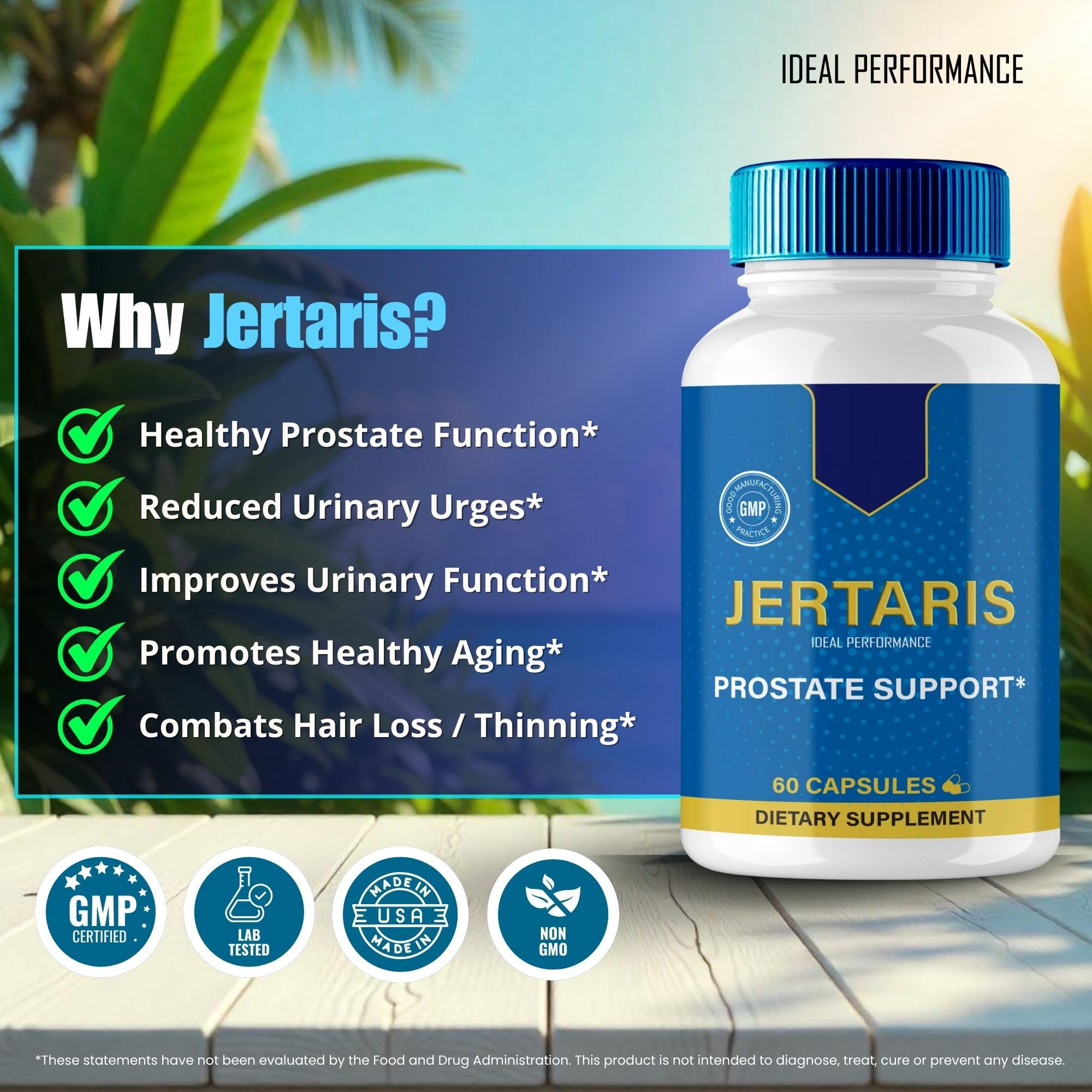 IDEAL PERFORMANCE Jertaris Prostate Health Supplement capsules on a table