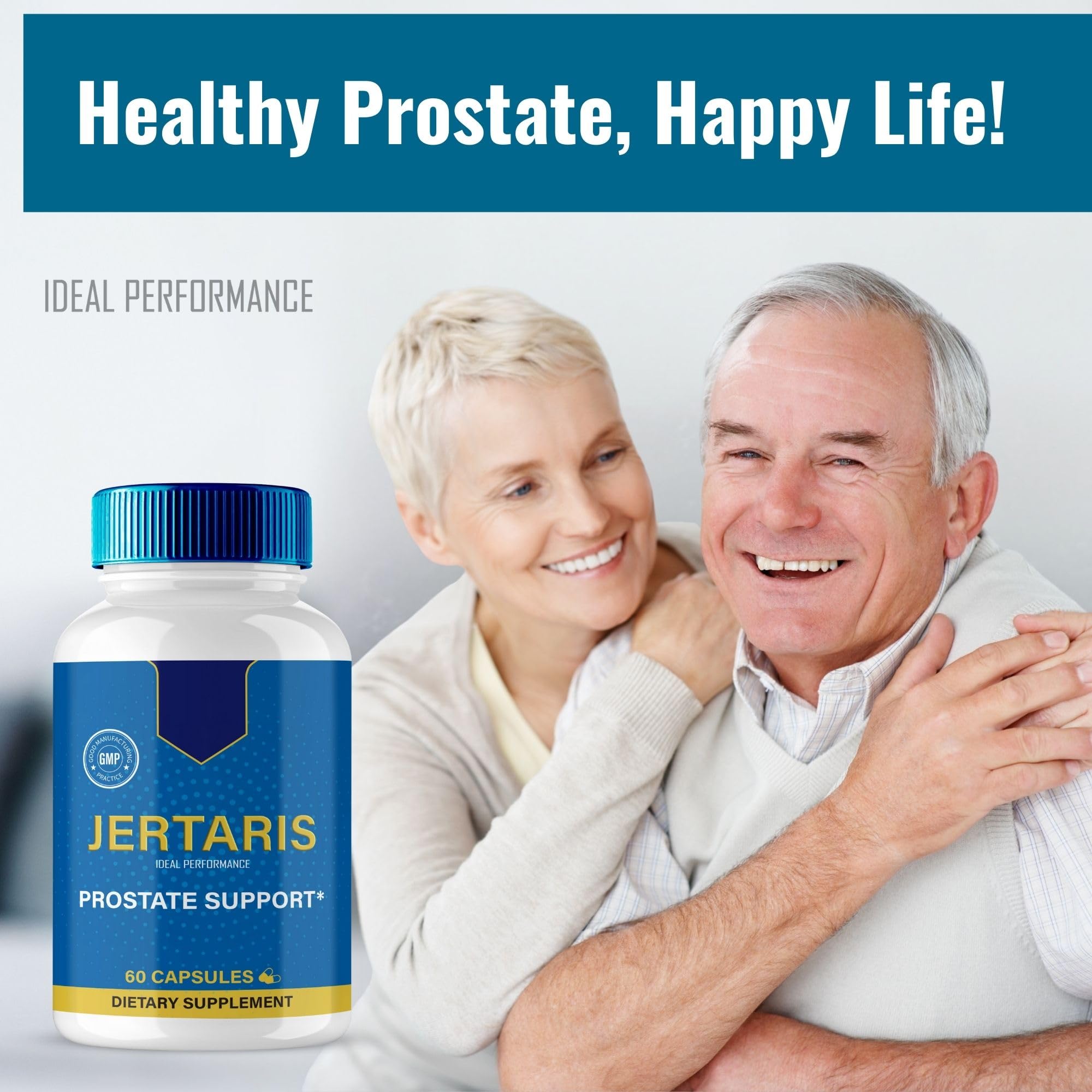IDEAL PERFORMANCE Jertaris Prostate Health Supplement Capsules on a wooden table
