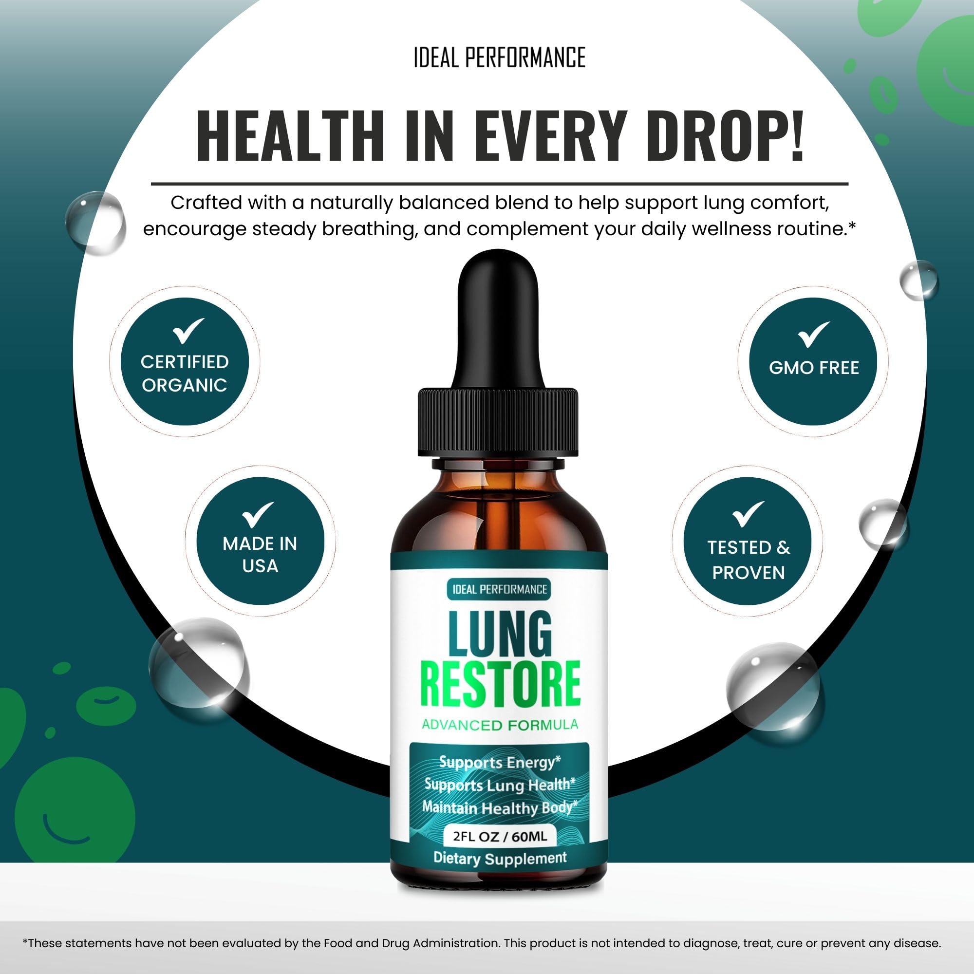 IDEAL PERFORMANCE Lung Restore Drops back view with ingredients