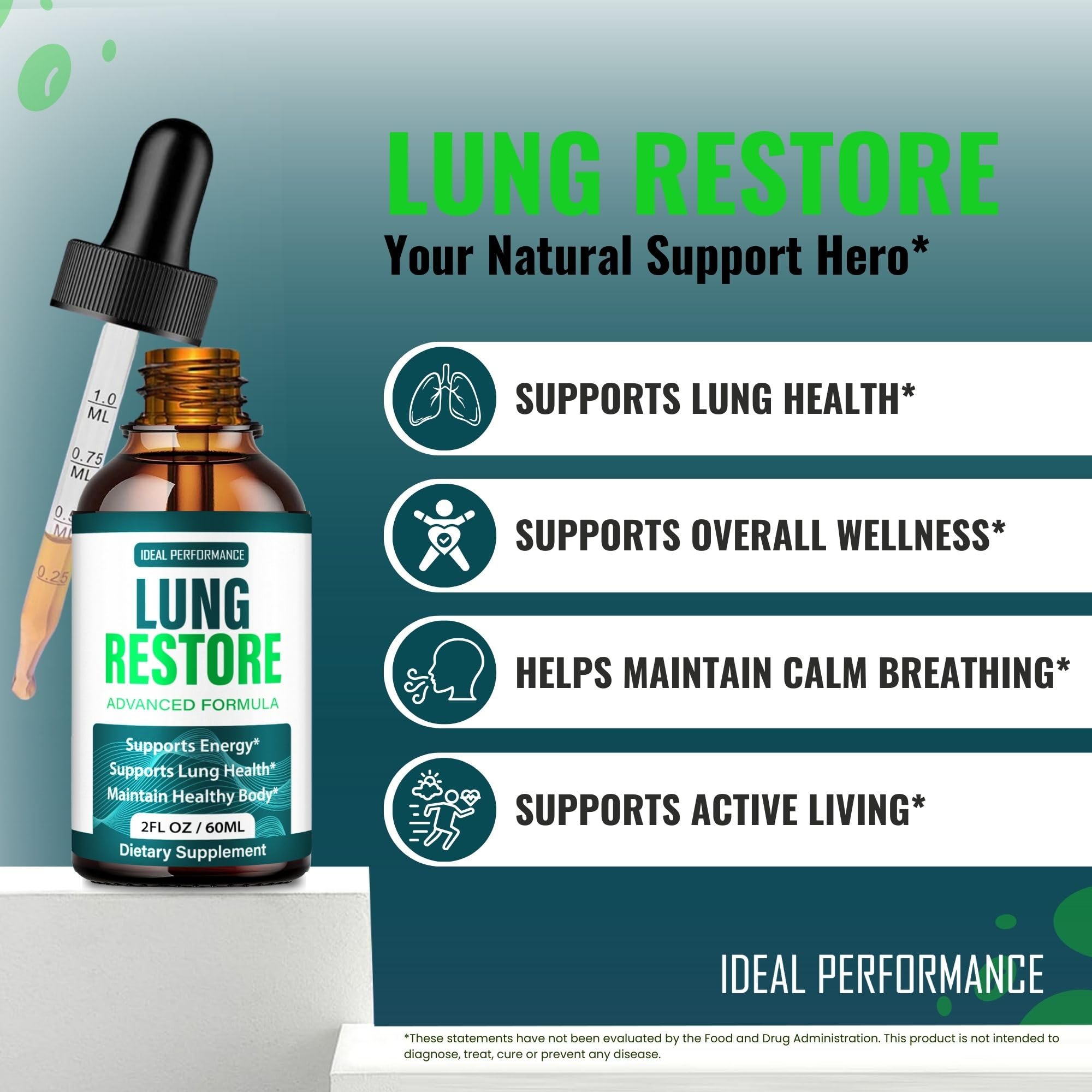 IDEAL PERFORMANCE Lung Restore Drops label close-up