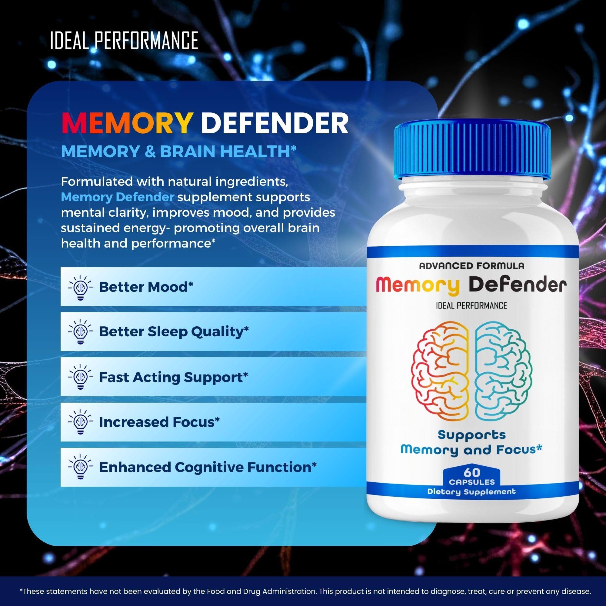 IDEAL PERFORMANCE Memory Defender Capsules opened bottle
