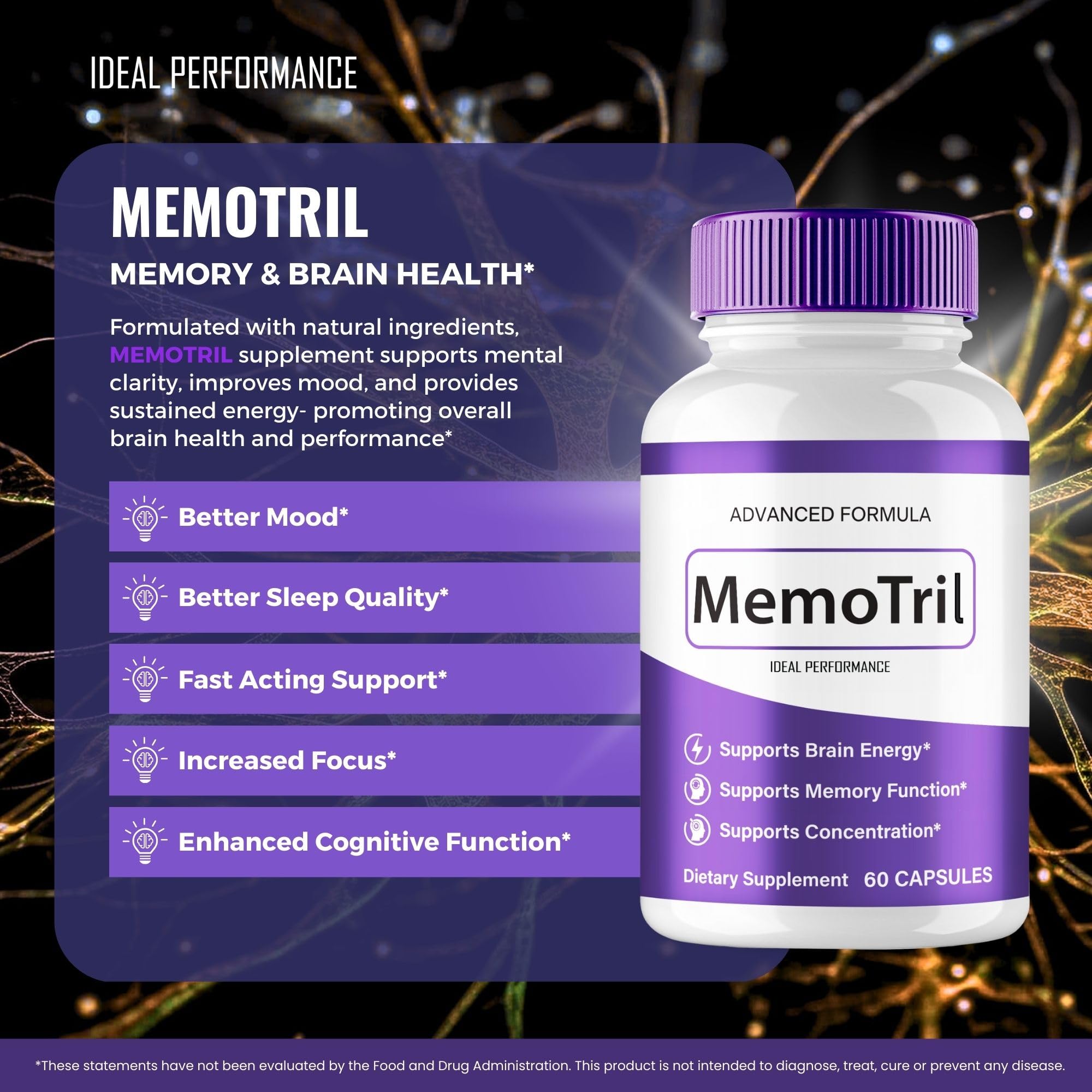 IDEAL PERFORMANCE MemoTril Memory Capsules with dosage information