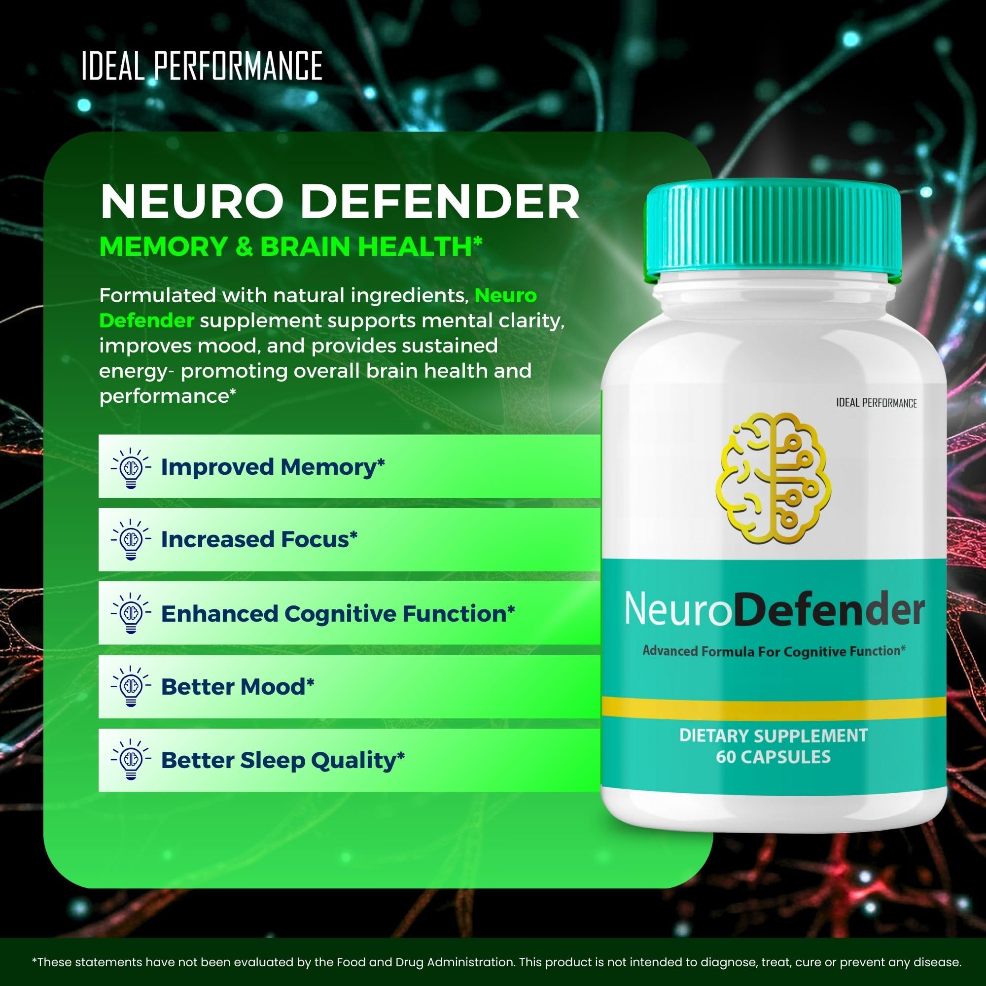 IDEAL PERFORMANCE Neuro Defender Brain Supplements 60 Capsules capsules on a surface