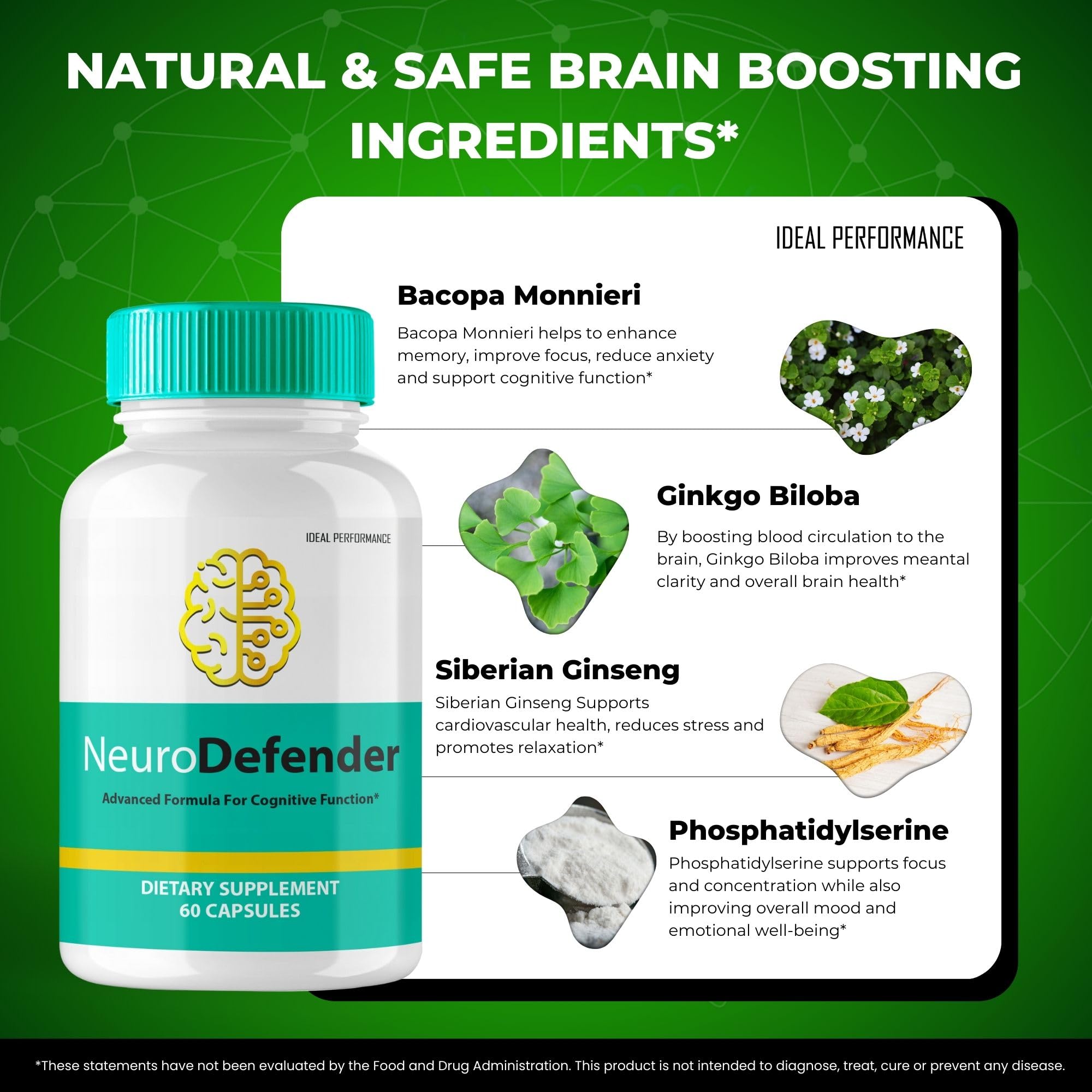 IDEAL PERFORMANCE Neuro Defender Brain Supplements 60 Capsules packaging