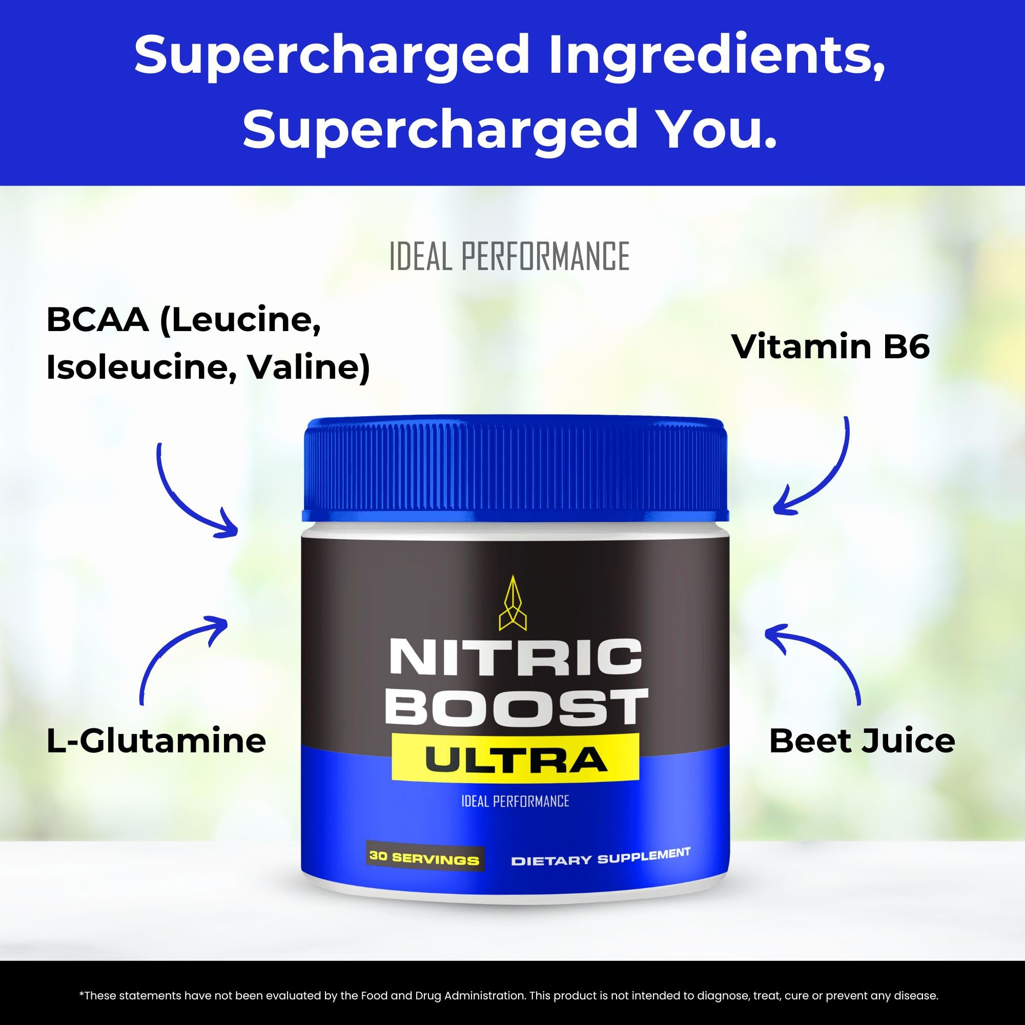 IDEAL PERFORMANCE Nitric support Ultra Powder back view with ingredients