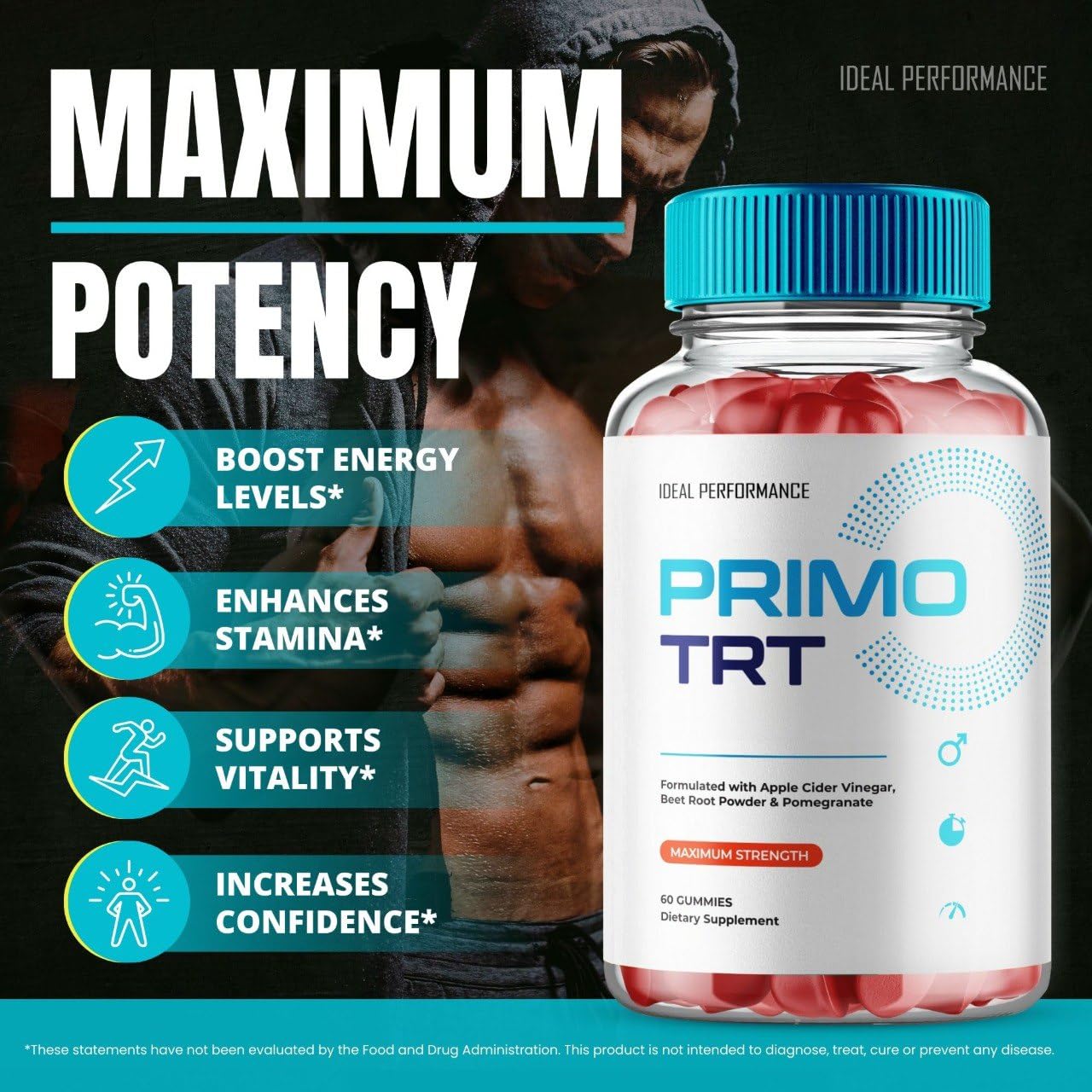 IDEAL PERFORMANCE Primo TRT Gummies back view with ingredient list