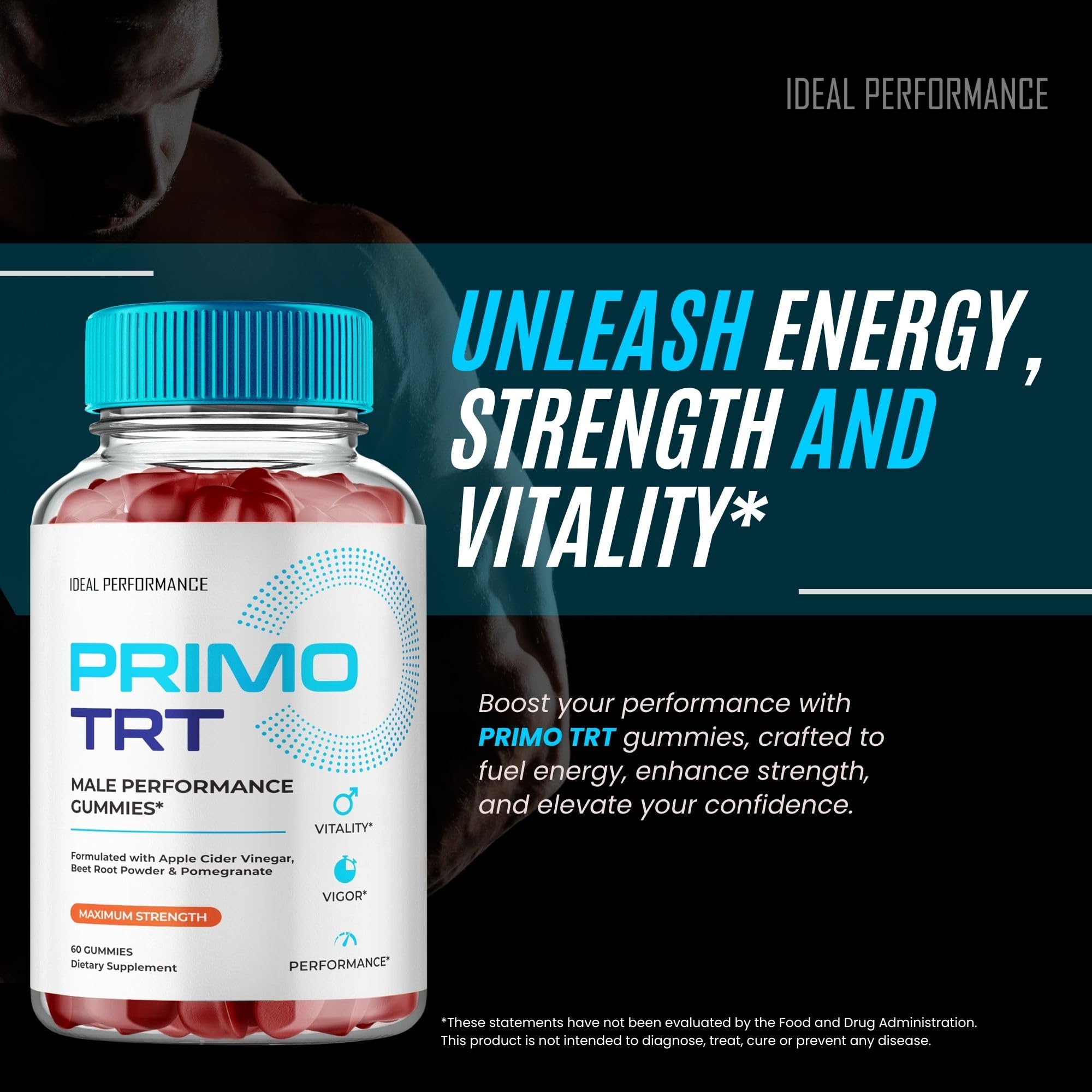 IDEAL PERFORMANCE Primo TRT Gummies displayed with a glass of water