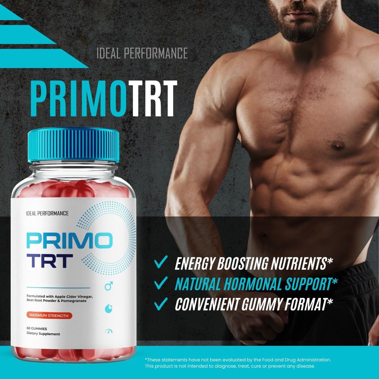 IDEAL PERFORMANCE Primo TRT Gummies opened packaging showing gummies