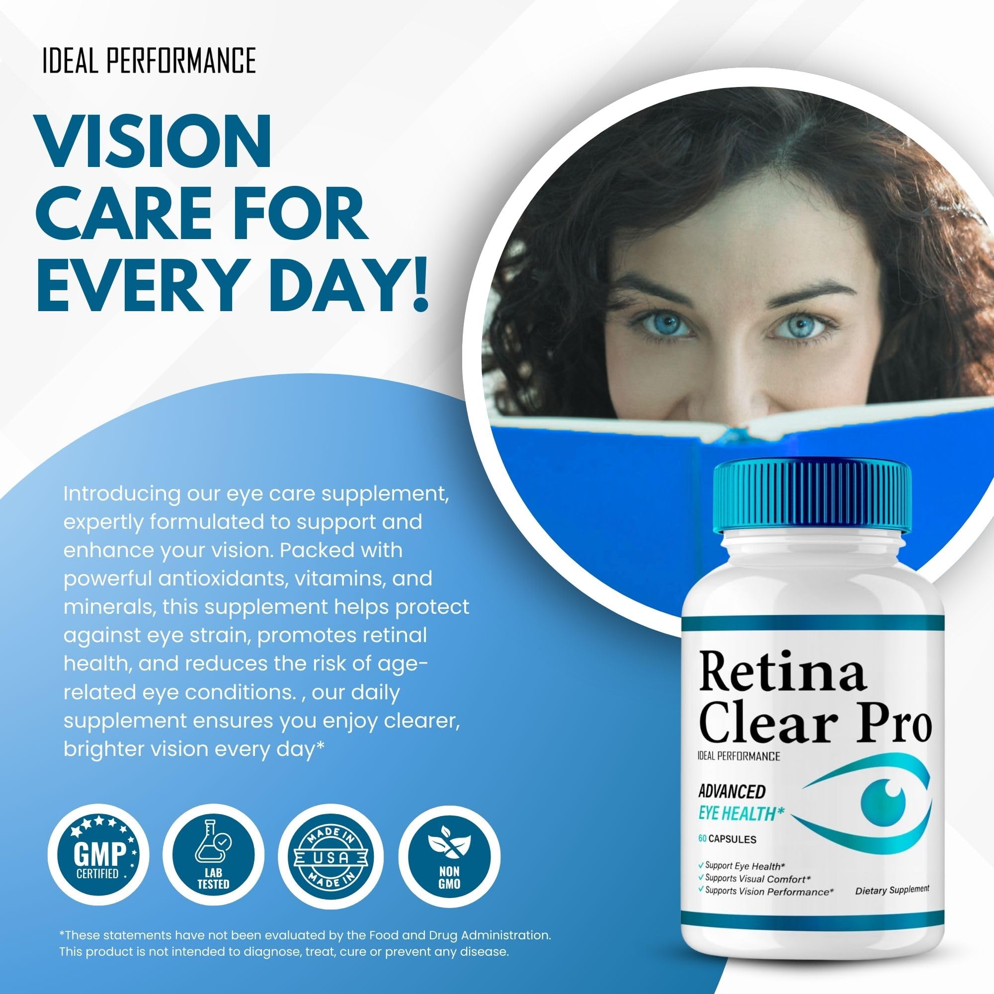 IDEAL PERFORMANCE Retina Clear Eye Supplement capsules in hand